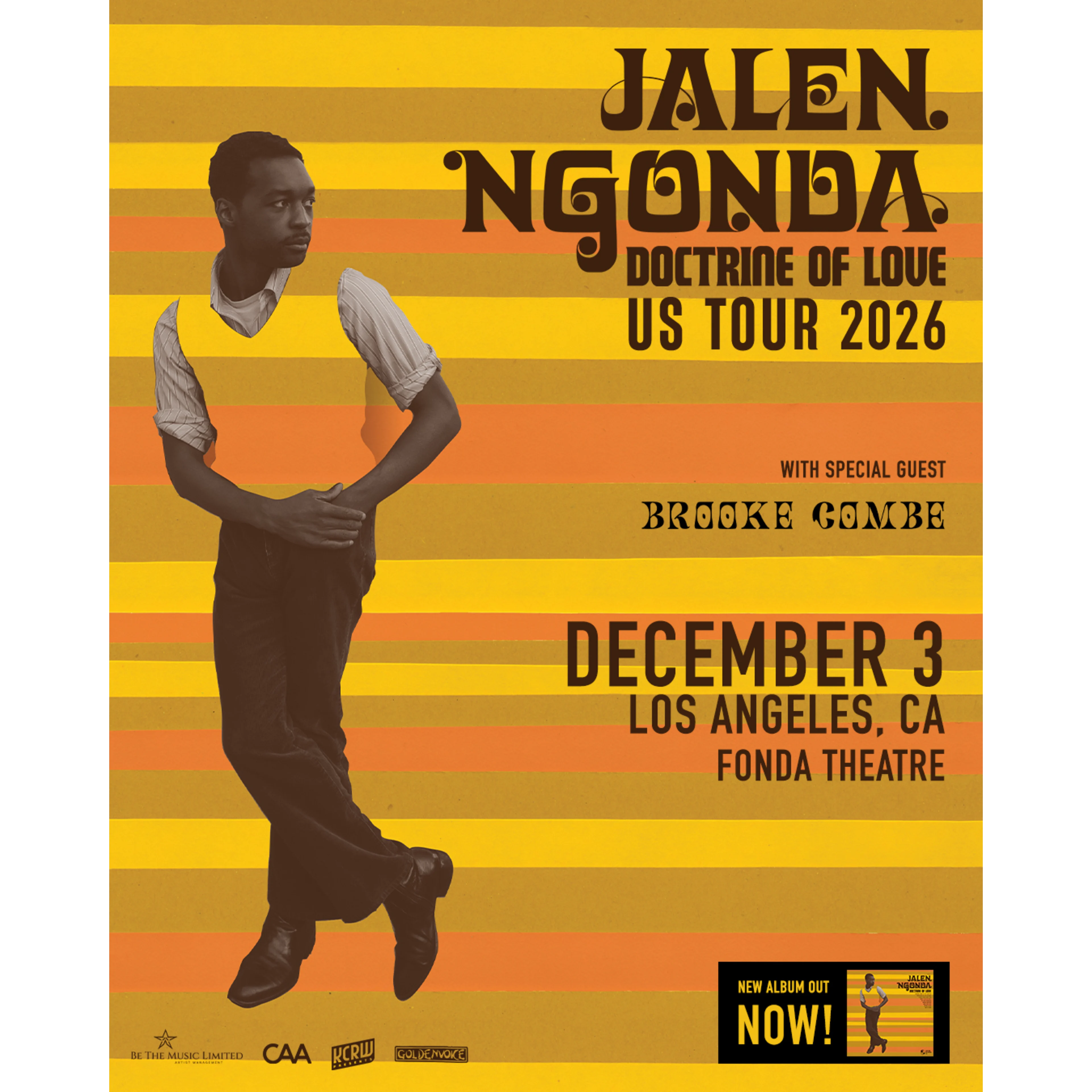 Jalen Ngonda Doctrine of Love US Tour 2026 concert poster, December 3, Los Angeles, CA, Fonda Theatre, yellow and orange stripes.