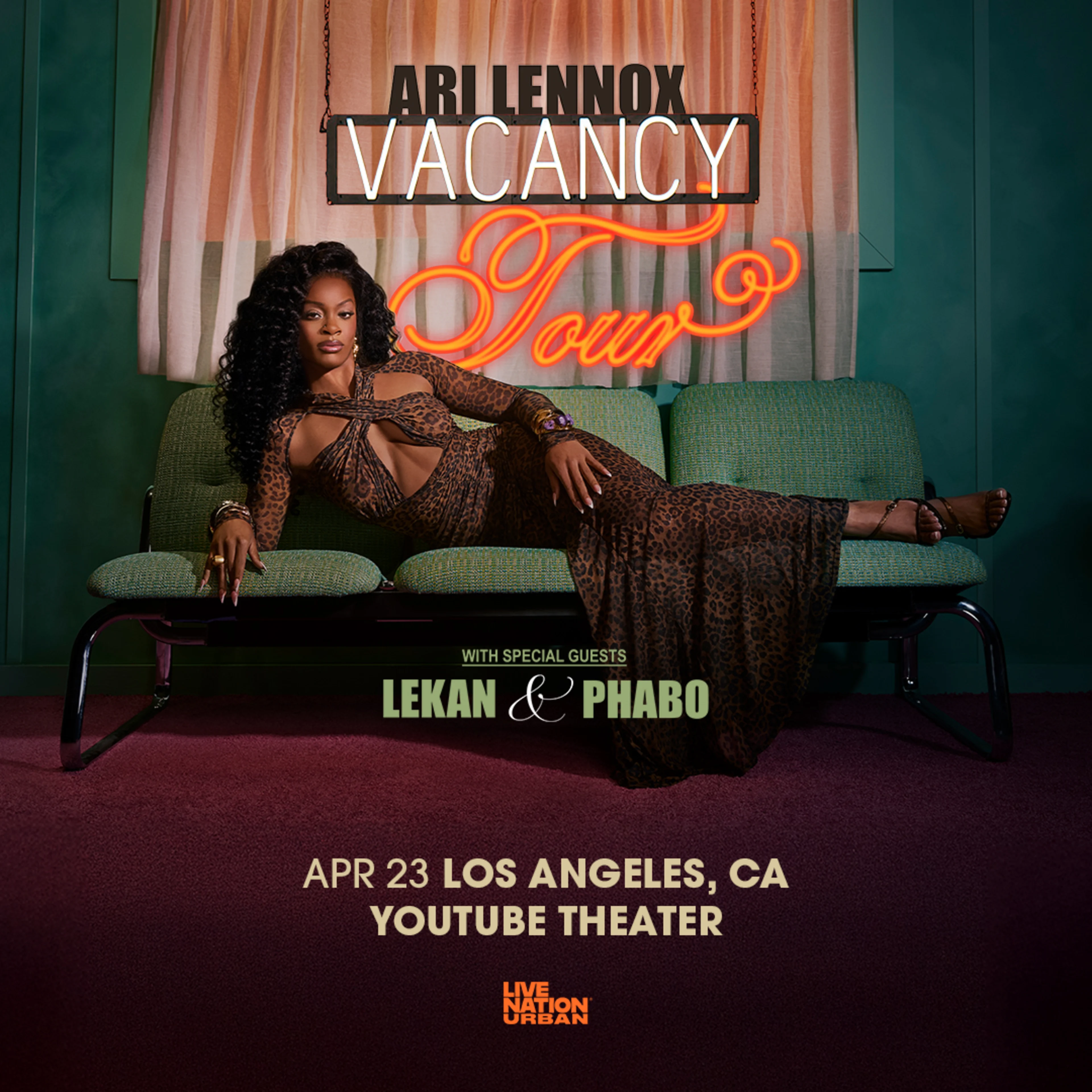 Ari Lennox "Vacancy Tour" concert poster featuring Ari Lennox on green couch with neon signs stating April 23 at YouTube Theater in LA.