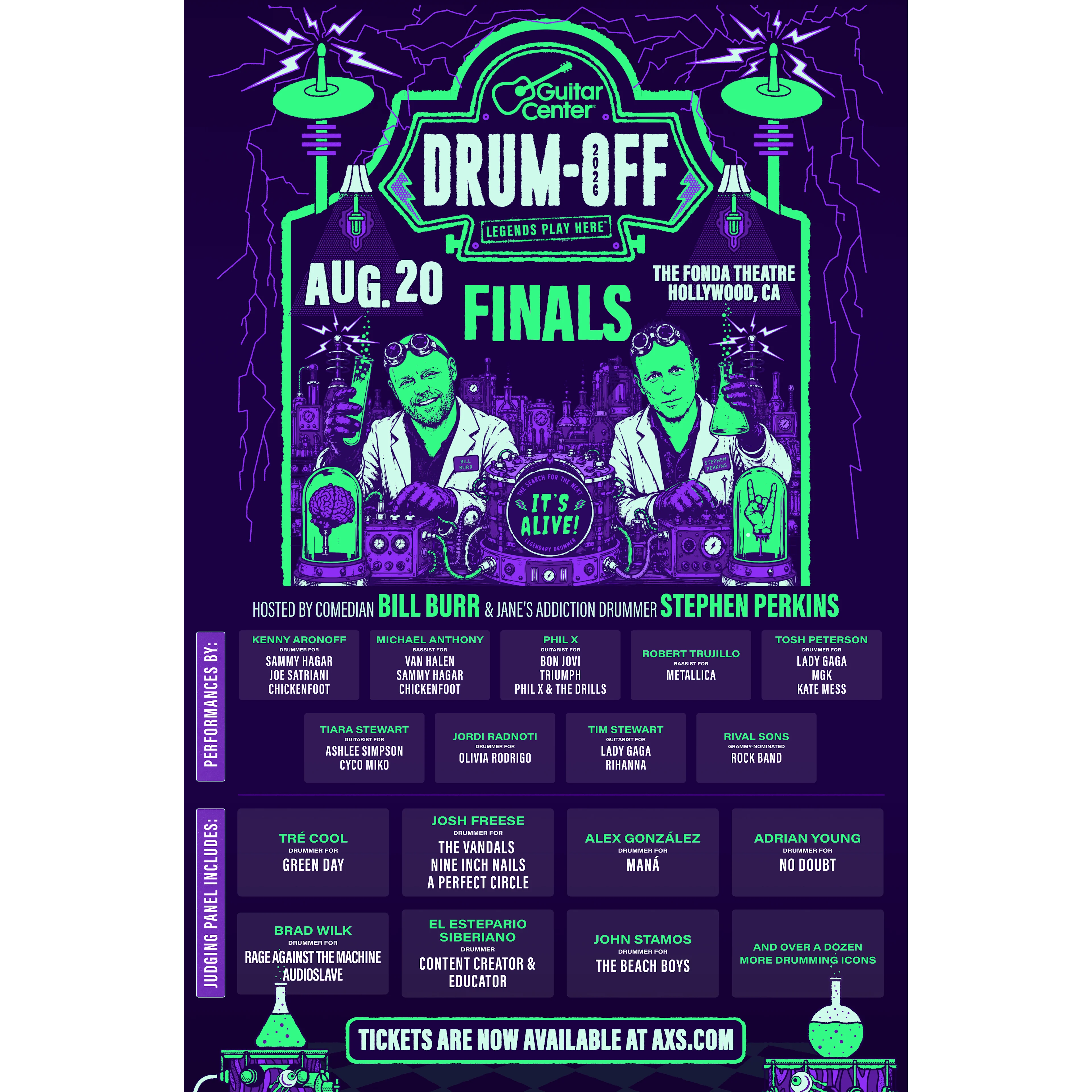 Guitar Center Drum-Off 2026 Finals event poster in purple and green, featuring Bill Burr and Stephen Perkins as hosts.