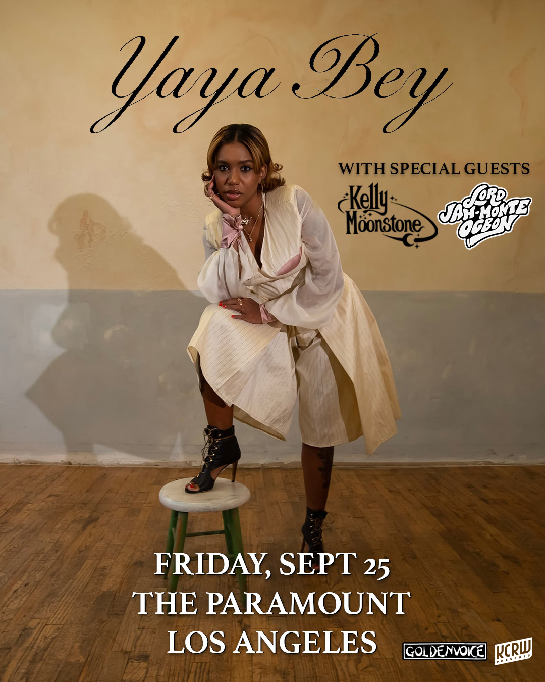 Yaya Bey concert poster featuring a woman in a white dress posing on a stool, promoting a show at The Paramount, Los Angeles.