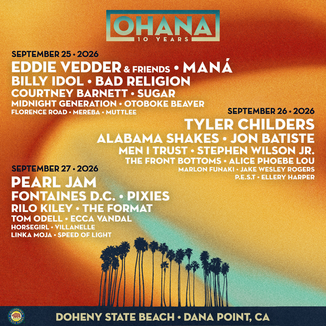 Ohana Festival 10 Years lineup poster for September 25-27, 2026 at Doheny State Beach, Dana Point, CA.