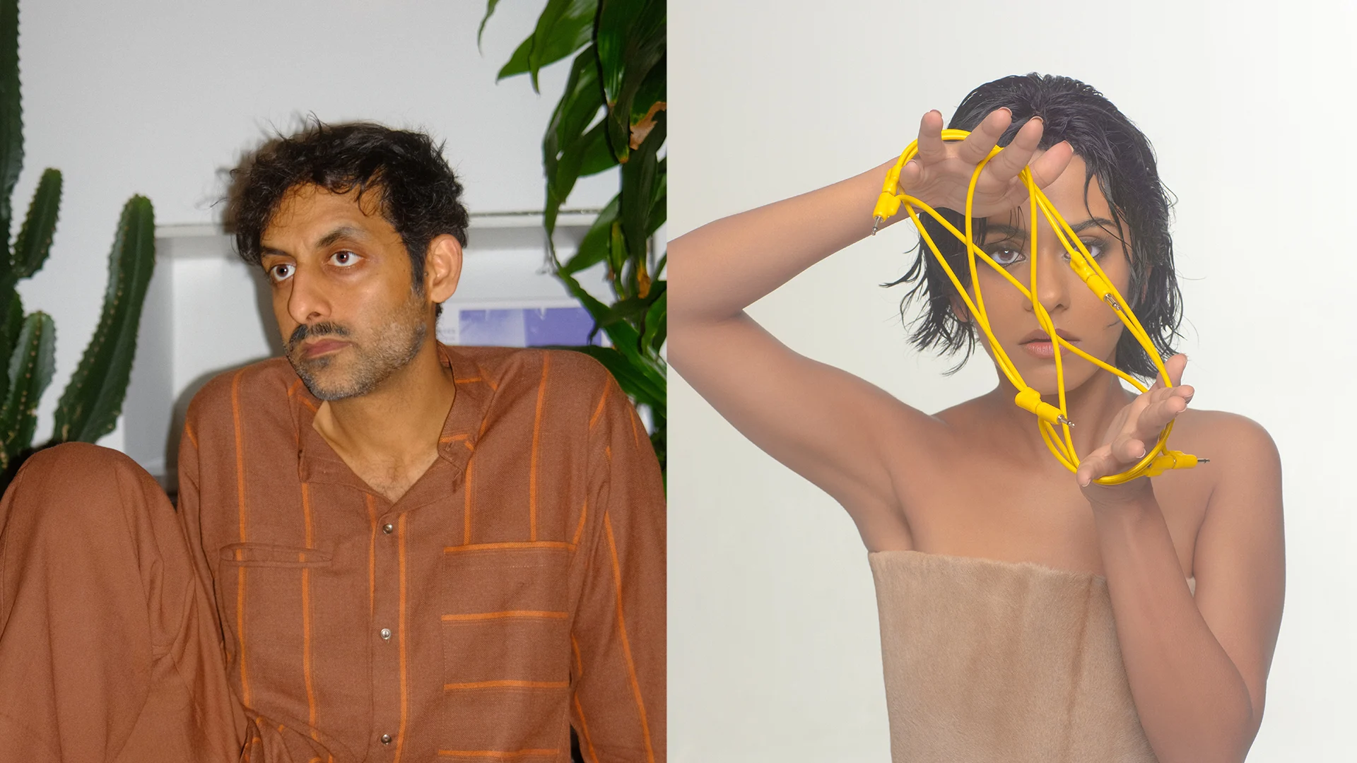 Two portraits: a man in a brown shirt near plants, and a woman holding yellow cables around her face against a white background.