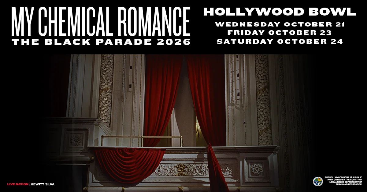 My Chemical Romance The Black Parade 2026 concert poster featuring a dark ornate balcony with red curtains at Hollywood Bowl.