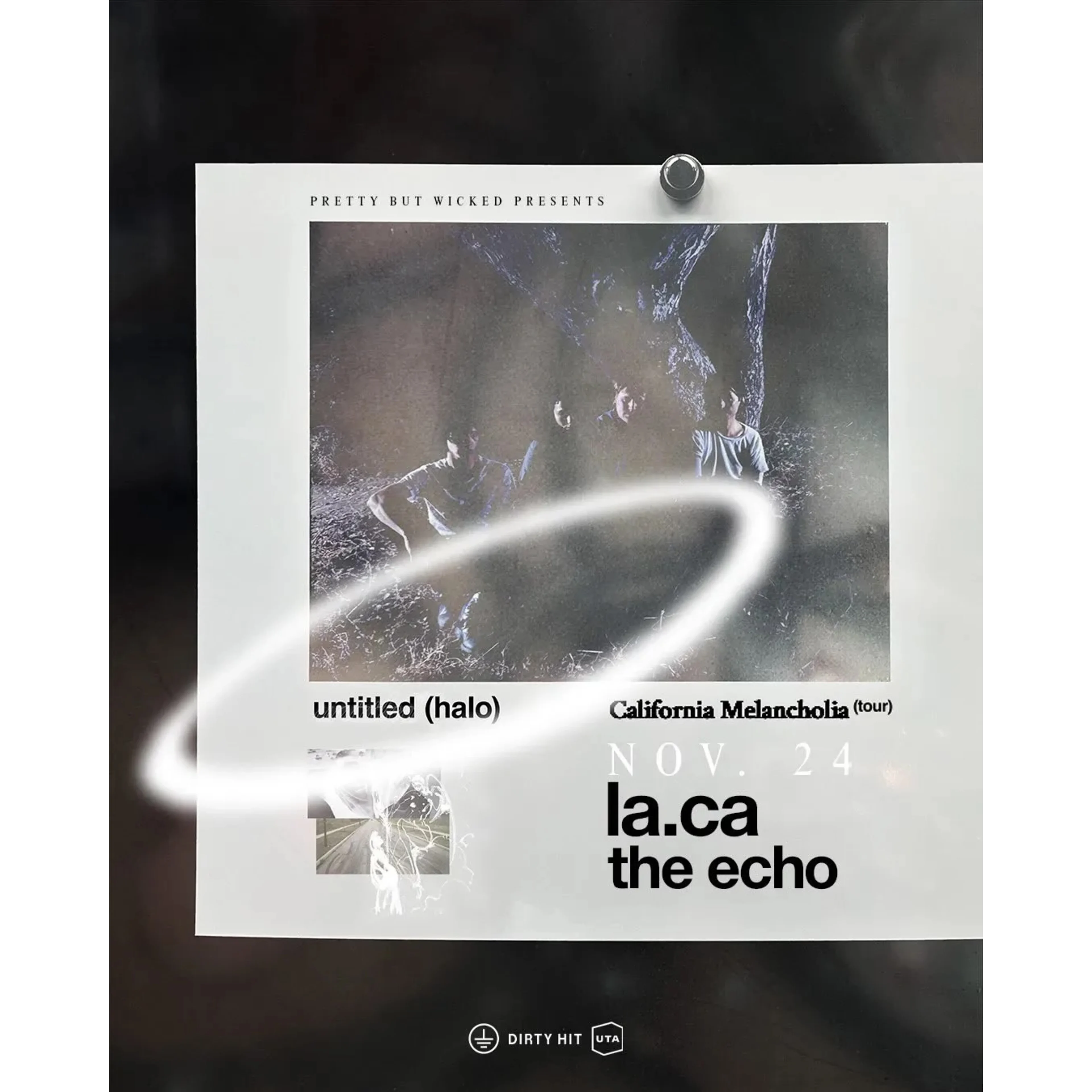 Concert poster for untitled (halo) California Melancholia Tour, Nov. 24 at The Echo, LA, with a glowing halo graphic overlay.