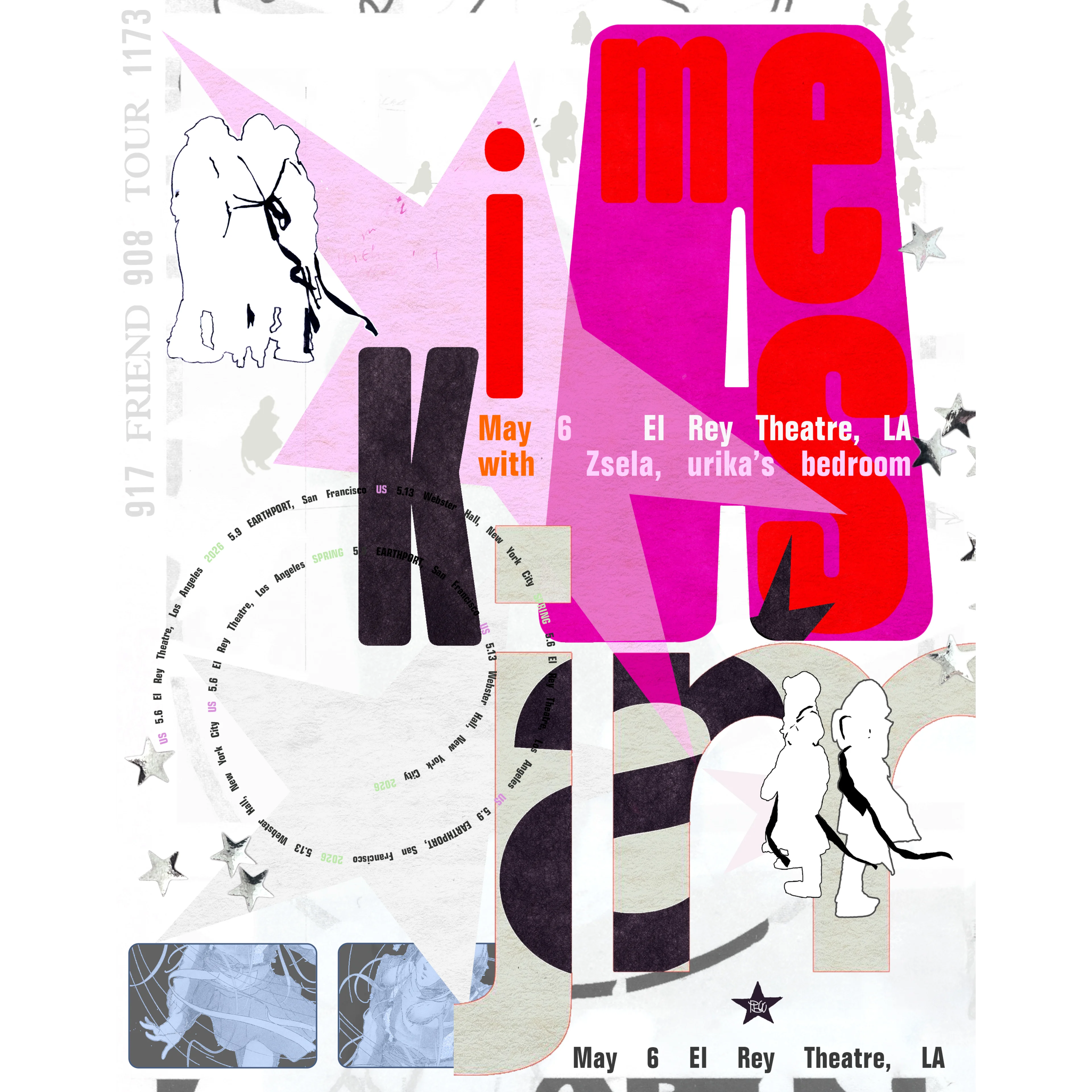 Concert poster for james K tour, May 6 at El Rey Theatre, LA, with bold pink, red, and black collage-style typography.