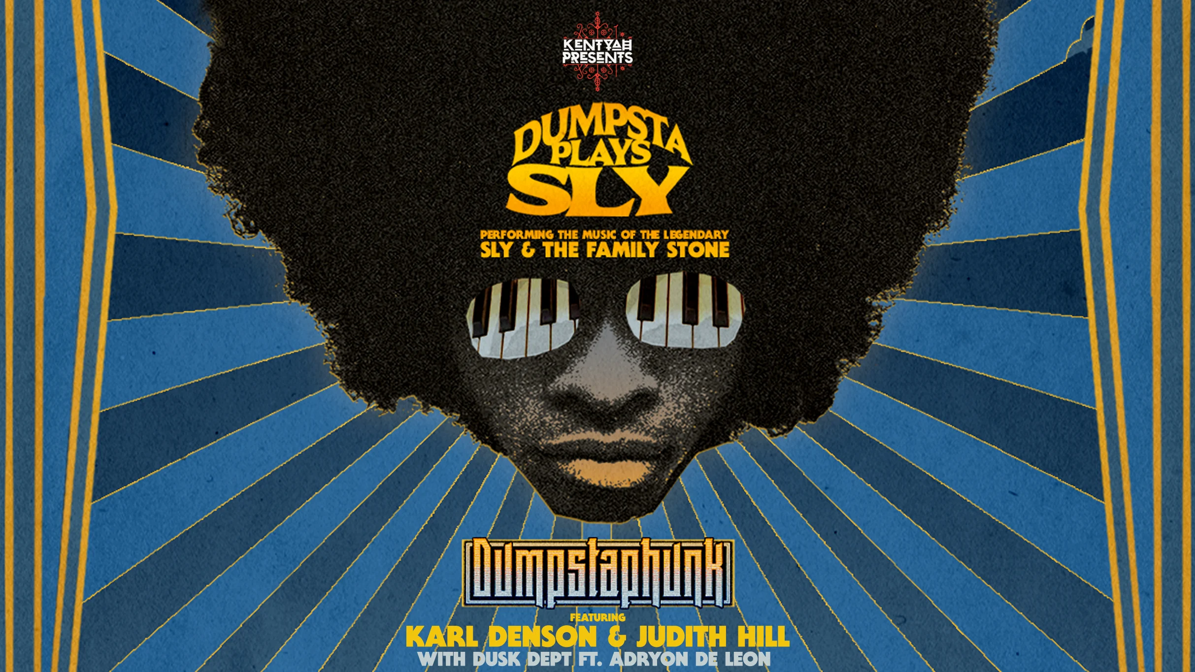 Concert poster for "Dumpsta Plays Sly" featuring silhouette with afro and piano key sunglasses on blue sunburst background.