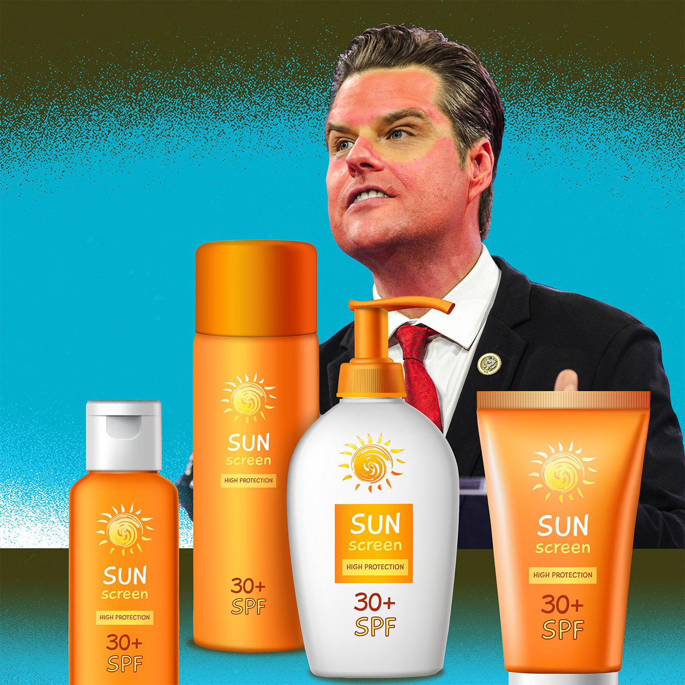 A man in a suit and red tie surrounded by four orange and white sunscreen bottles labeled SPF 30+ on a teal background.