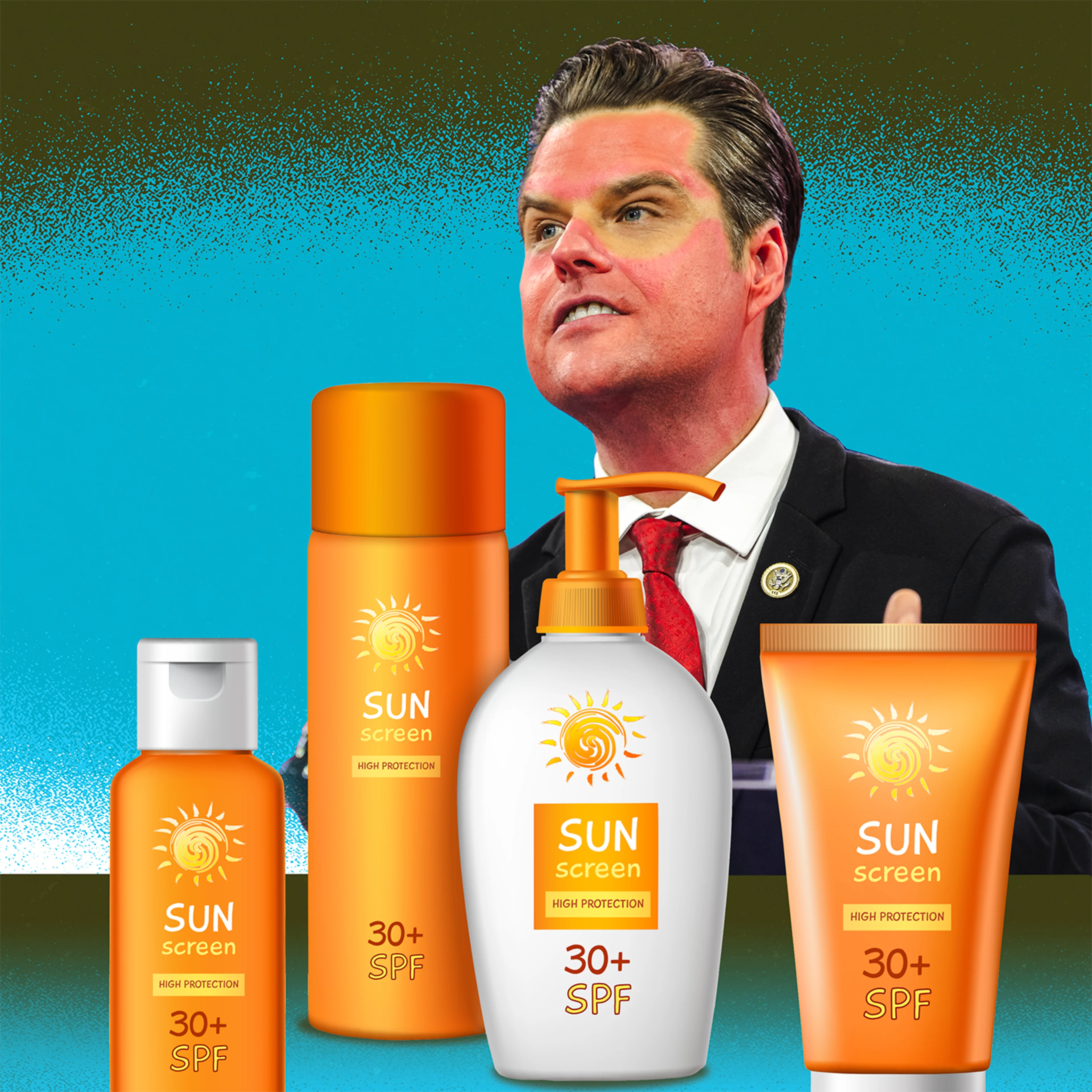 A man in a suit and red tie surrounded by four orange and white sunscreen bottles labeled SPF 30+ on a teal background.
