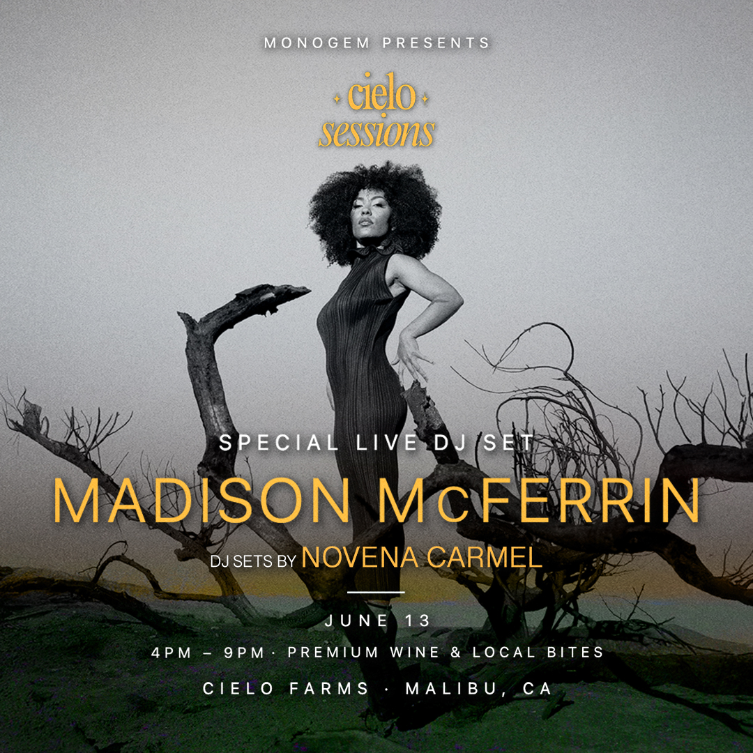 Cielo Sessions event flyer featuring Madison McFerrin posing among bare branches, promoting a live DJ set on June 13 in Malibu, CA.