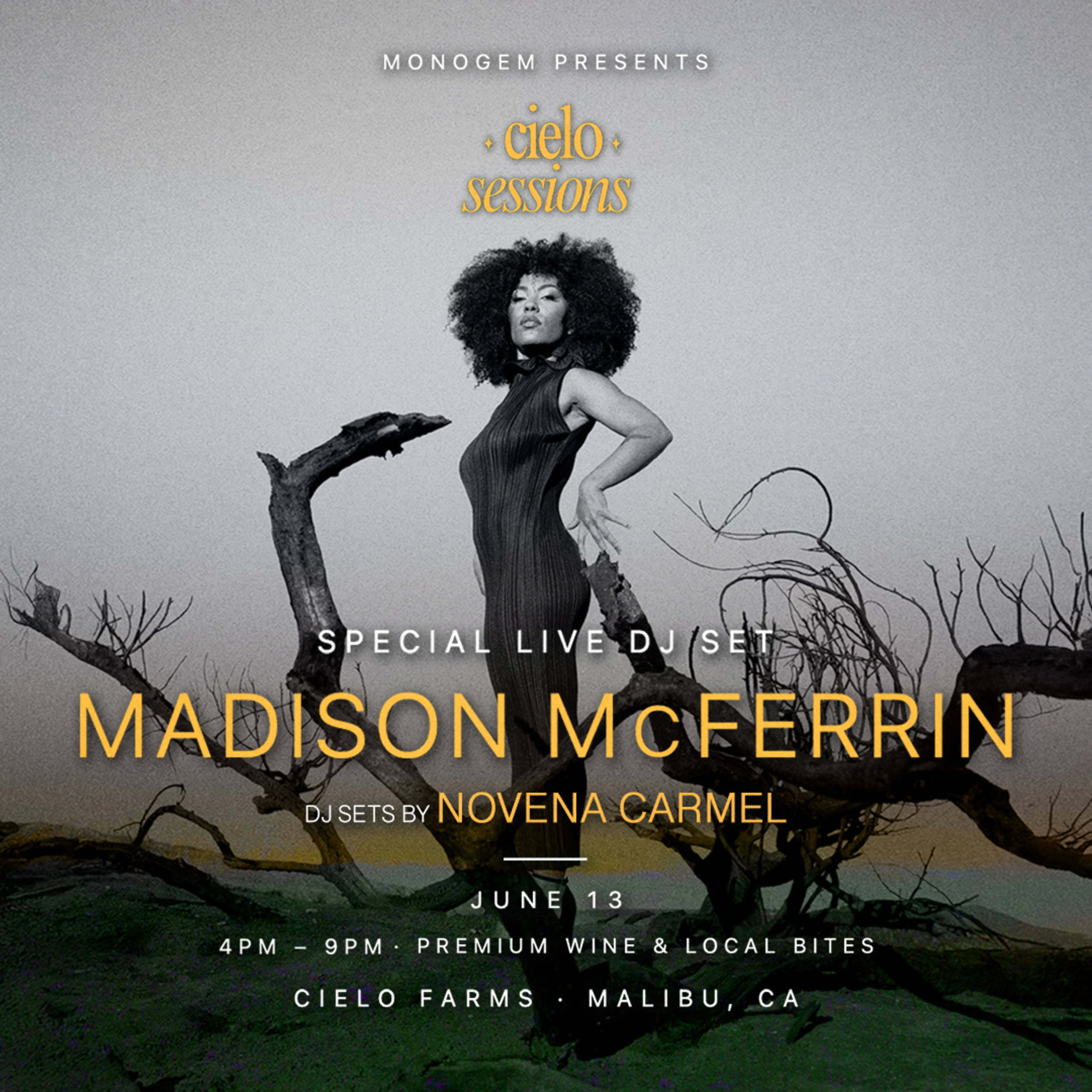 Cielo Sessions event flyer featuring Madison McFerrin posing among bare branches, promoting a live DJ set on June 13 in Malibu, CA.