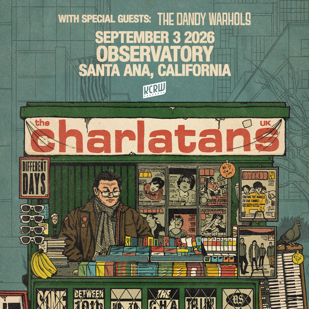 Concert poster for The Charlatans UK at Observatory, Santa Ana, CA on September 3, 2026, featuring illustrated newsstand artwork.