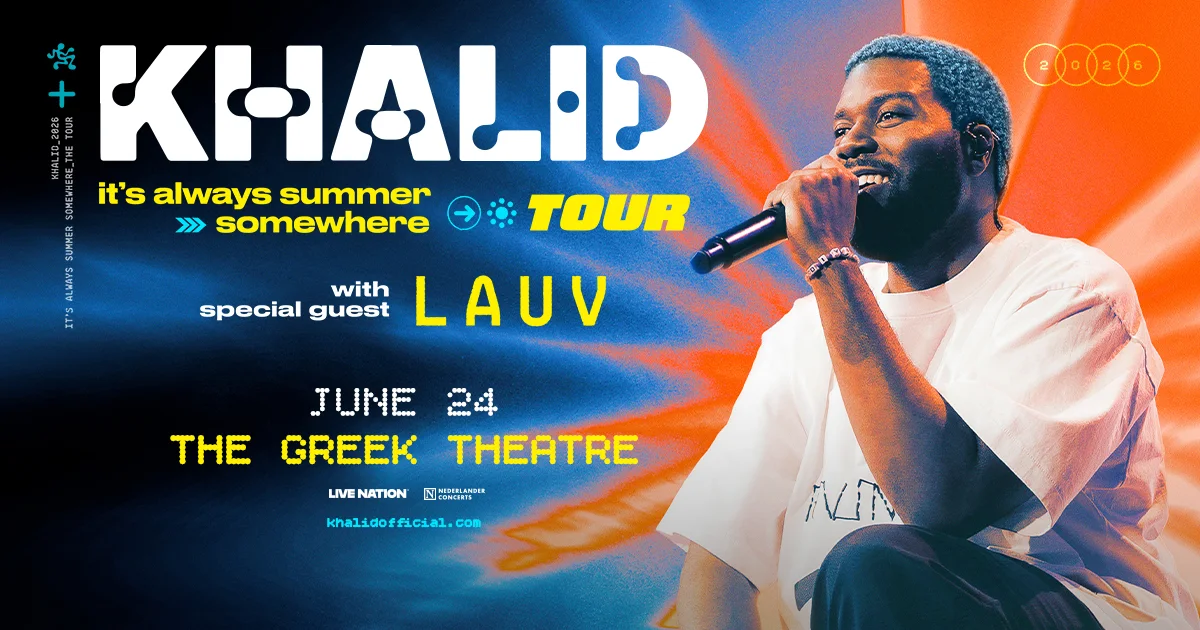 Khalid holding a microphone on a vibrant blue and orange concert promo for his It's Always Summer Somewhere Tour, June 24.