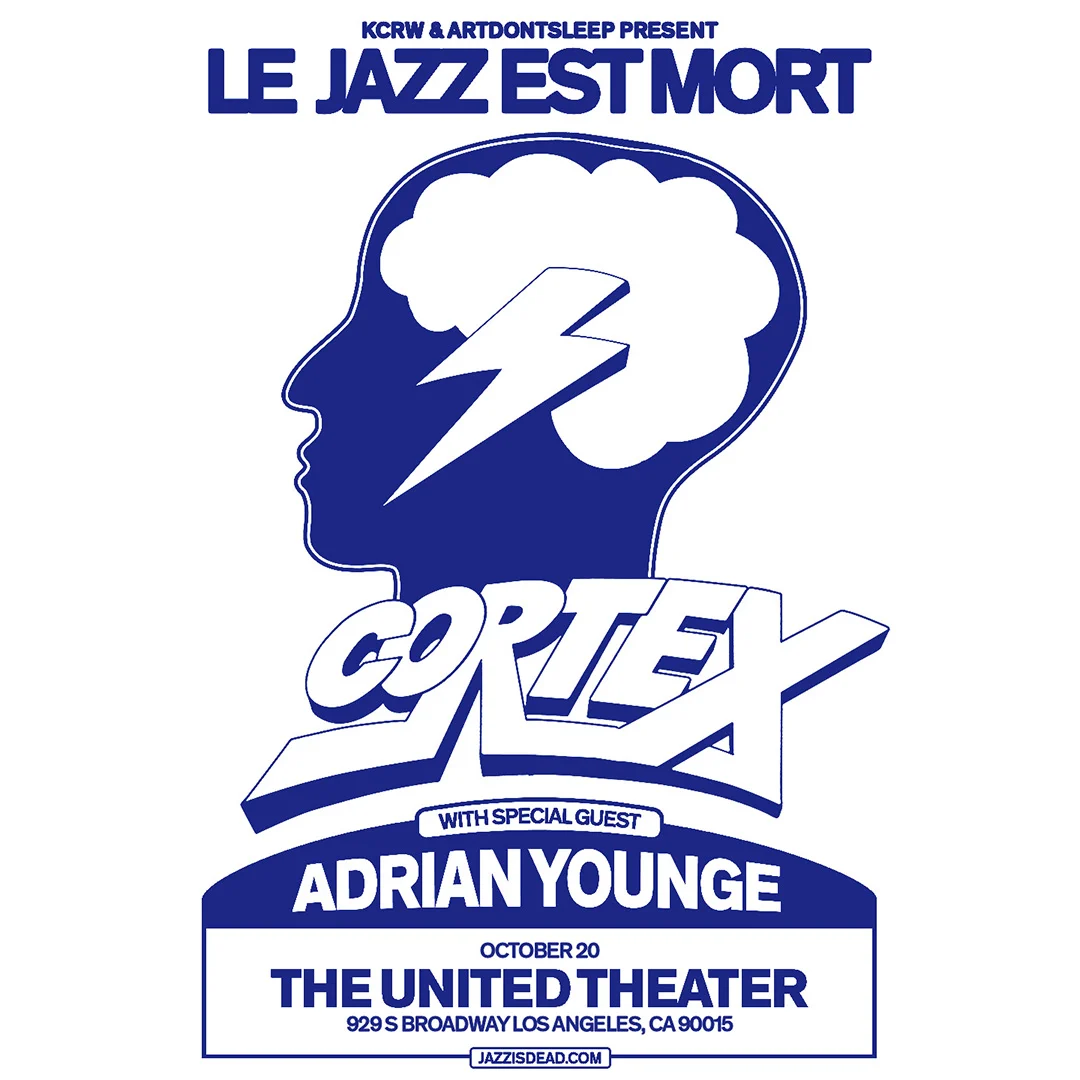Blue and white concert poster for Cortex and Adrian Younge at The United Theater in Los Angeles on October 20.