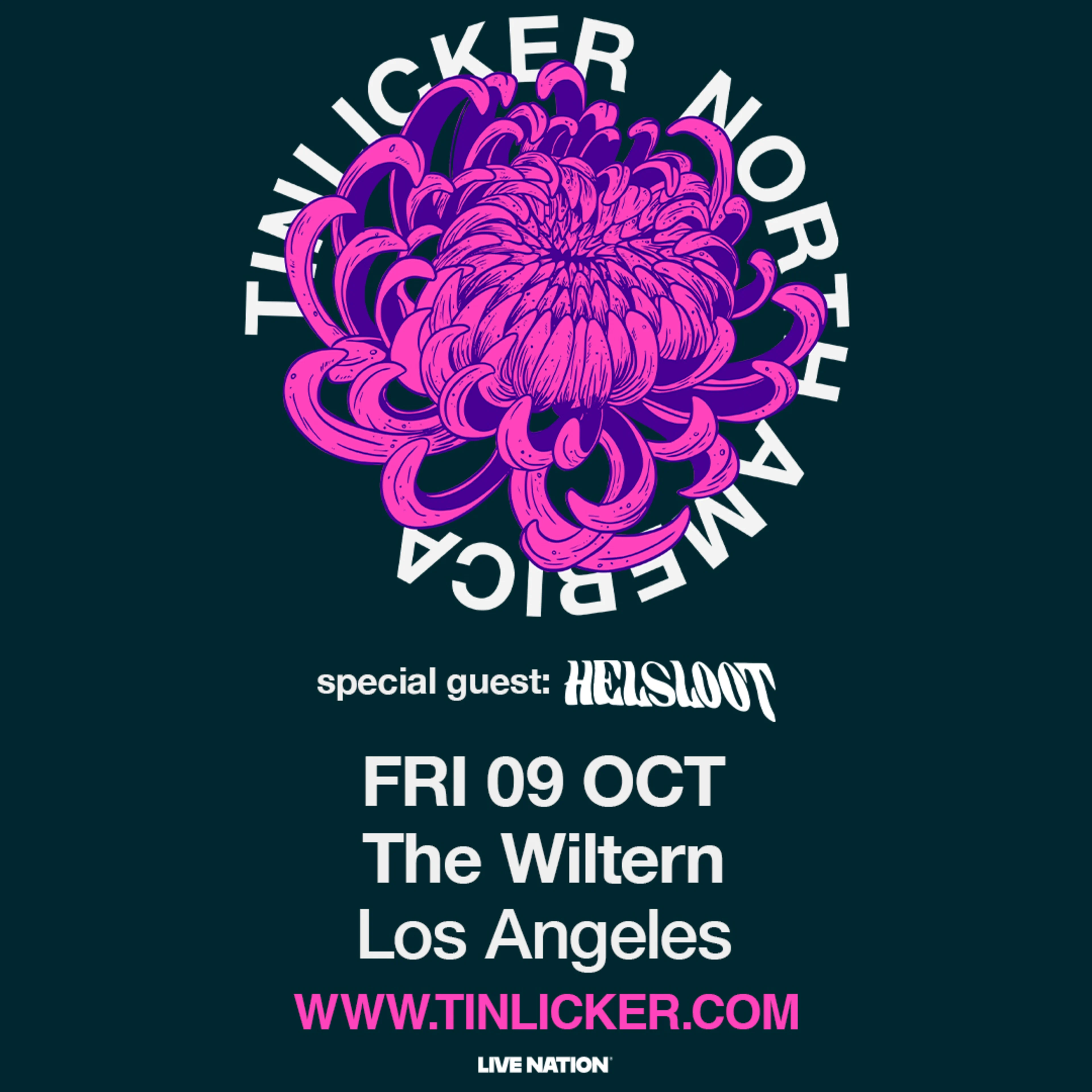 TinLicker North America tour poster featuring a pink chrysanthemum, with show details for The Wiltern, Los Angeles, Oct 9.