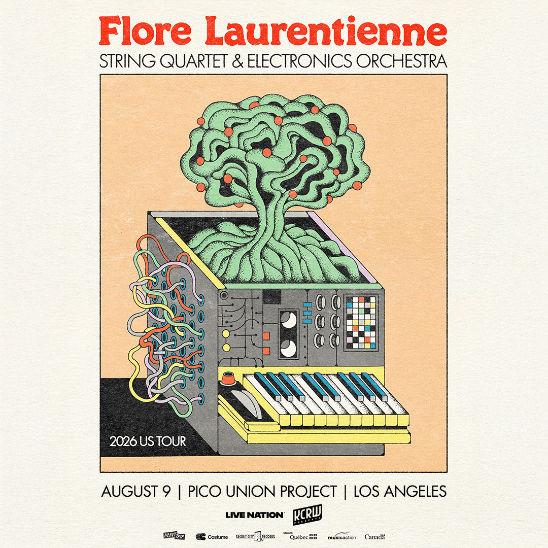 Flore Laurentienne 2026 US Tour poster featuring an illustrated synthesizer with a green tree growing from it.