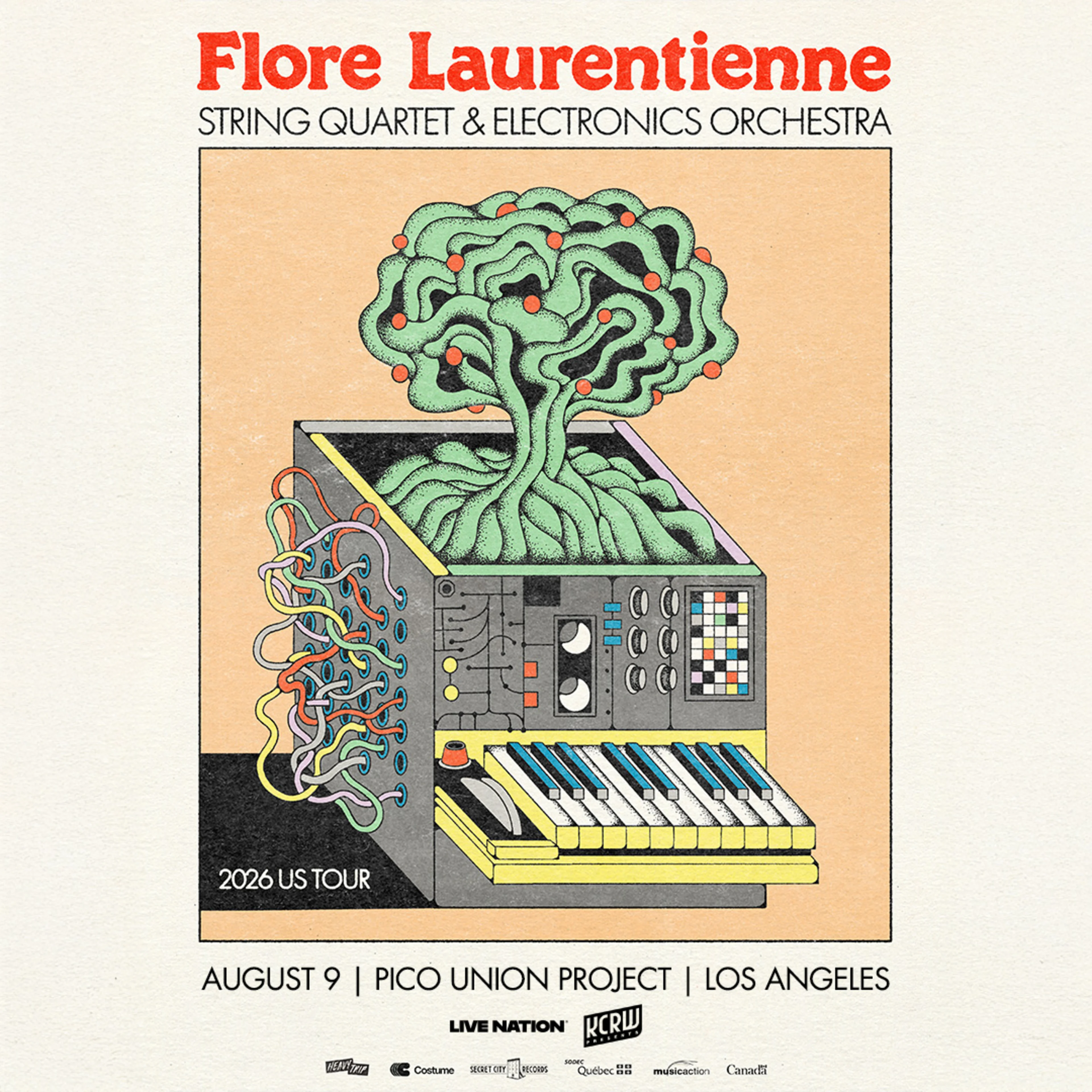 Flore Laurentienne 2026 US Tour poster featuring an illustrated synthesizer with a green tree growing from it.