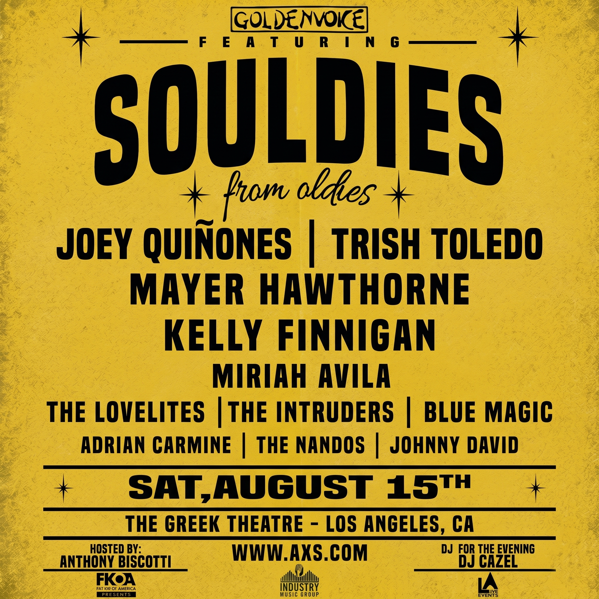 Yellow concert poster for Souldies from Oldies at The Greek Theatre, Los Angeles, on Saturday, August 15th.
