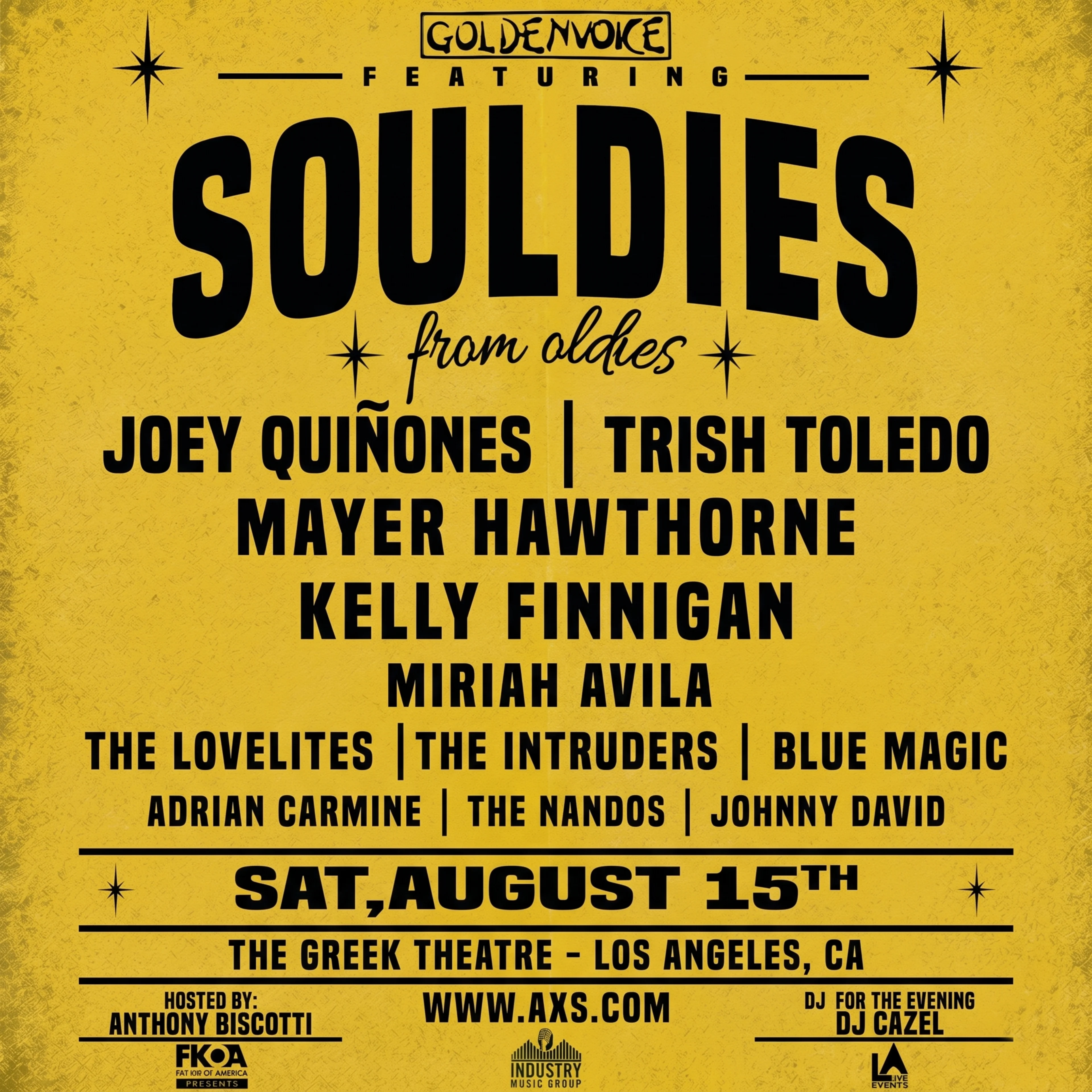 Yellow concert poster for Souldies from Oldies at The Greek Theatre, Los Angeles, on Saturday, August 15th.