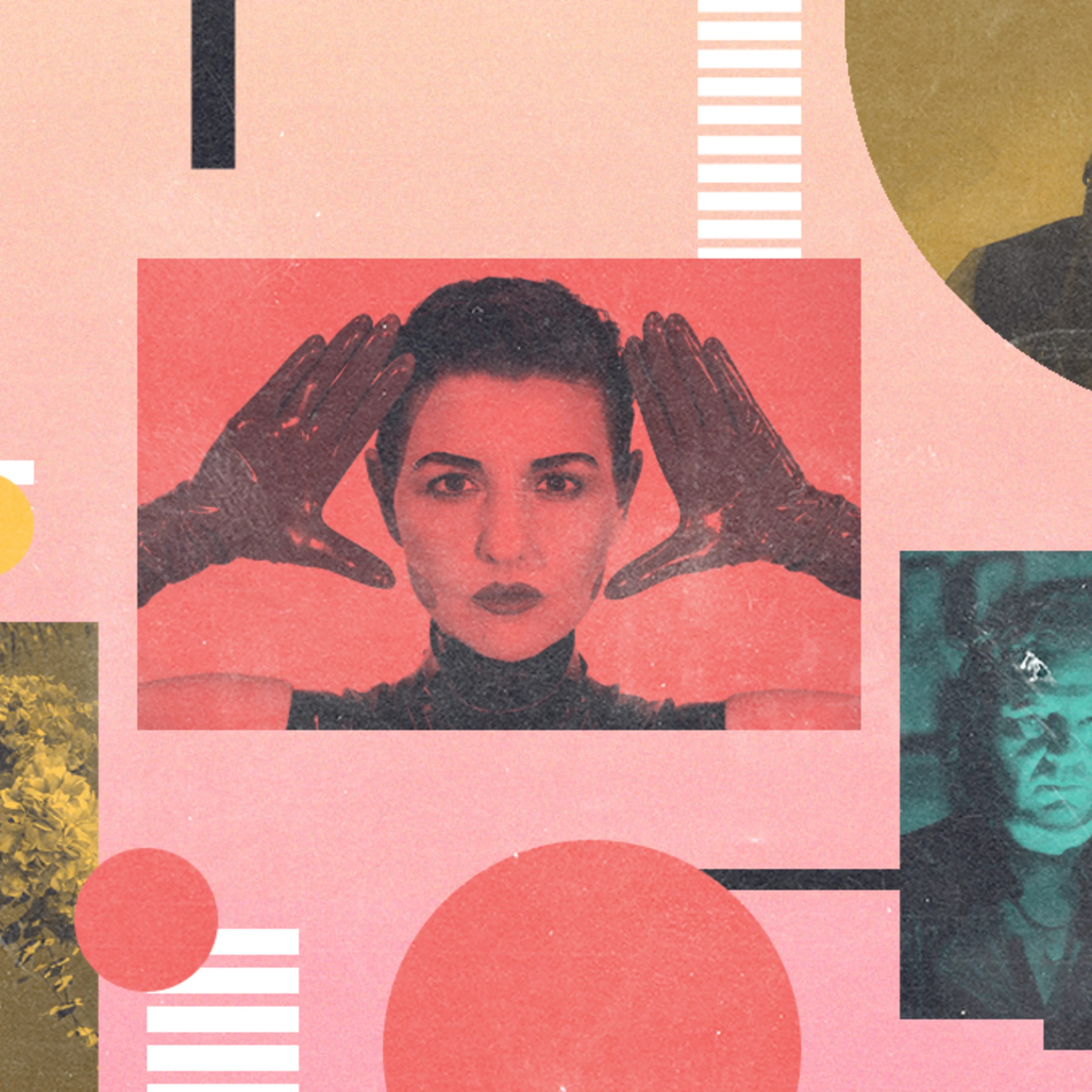 Artistic collage of portraits in different color filters - teal, red, gold, and yellow - arranged on a pink background.