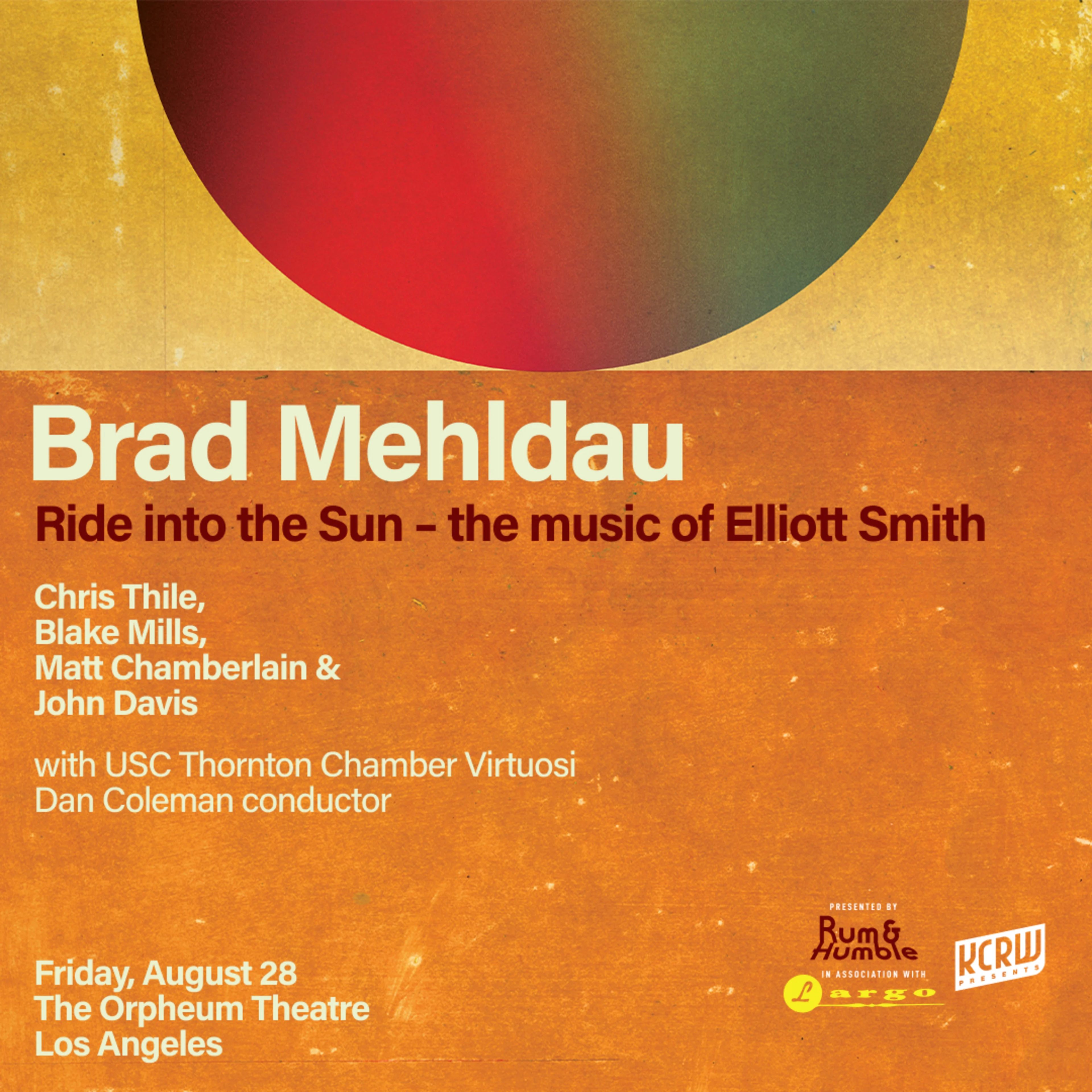Concert poster for Brad Mehldau's "Ride into the Sun" at The Orpheum Theatre, Los Angeles, August 28.