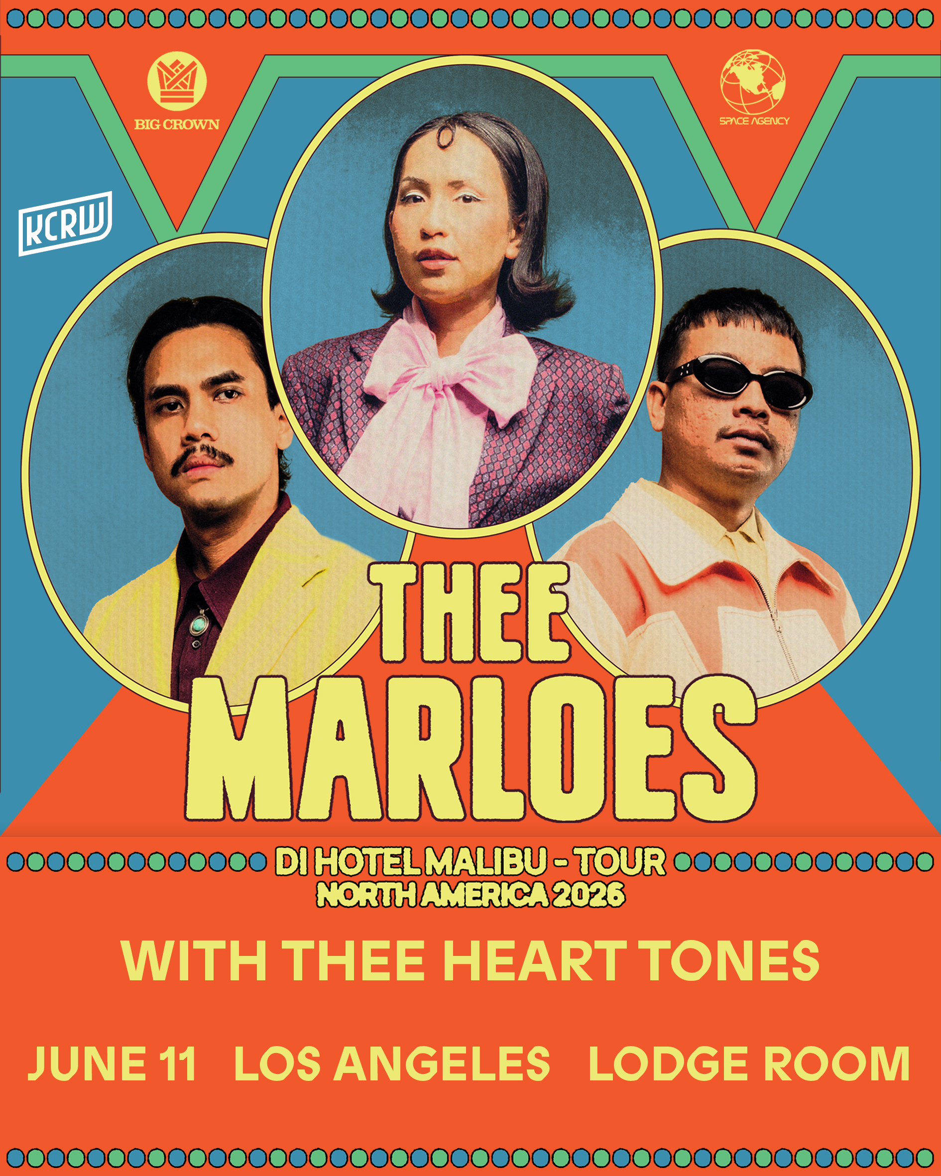 Concert poster for Thee Marloes featuring three band members in retro outfits, advertising a June 11 show in Los Angeles.