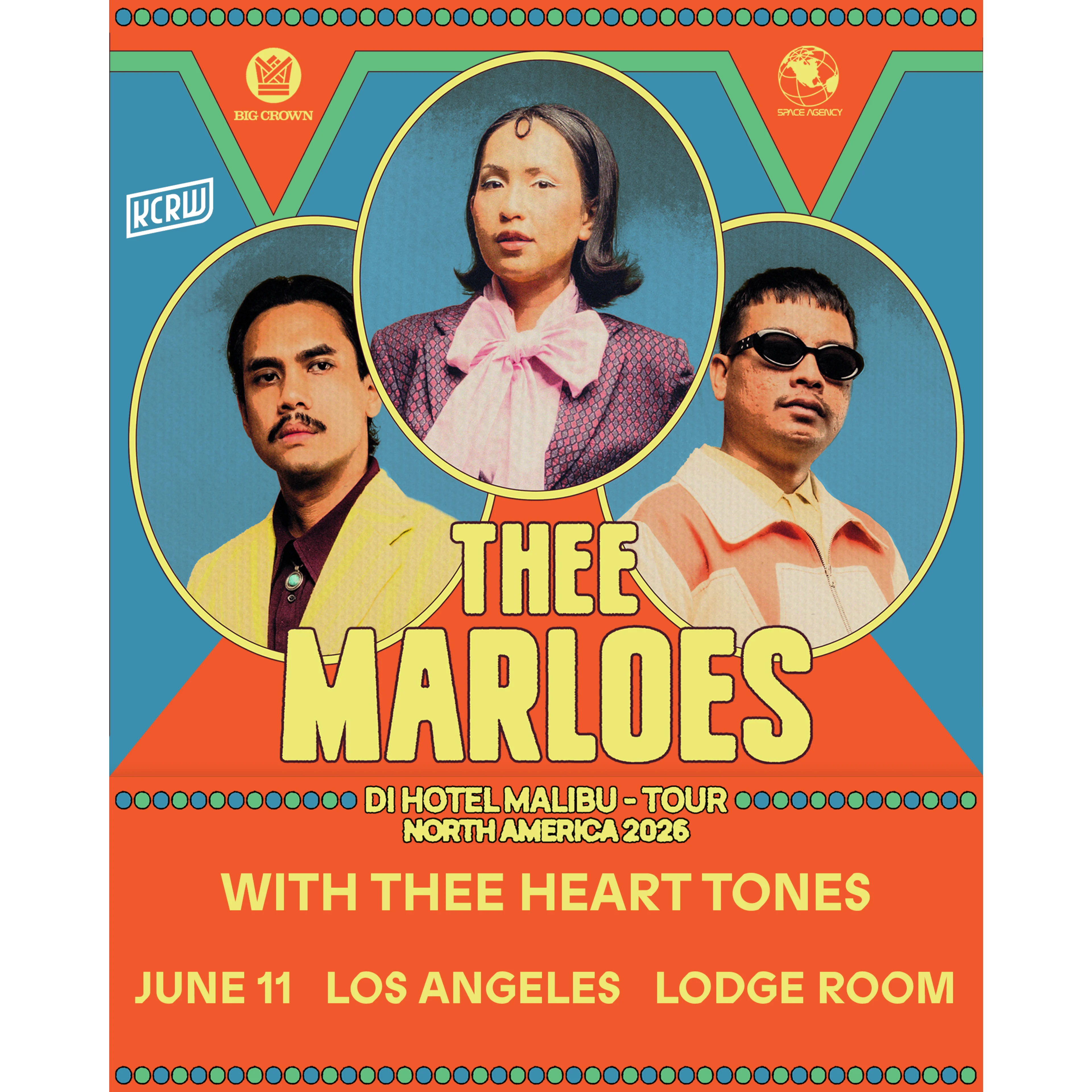 Concert poster for Thee Marloes featuring three band members in retro outfits, advertising a June 11 show in Los Angeles.