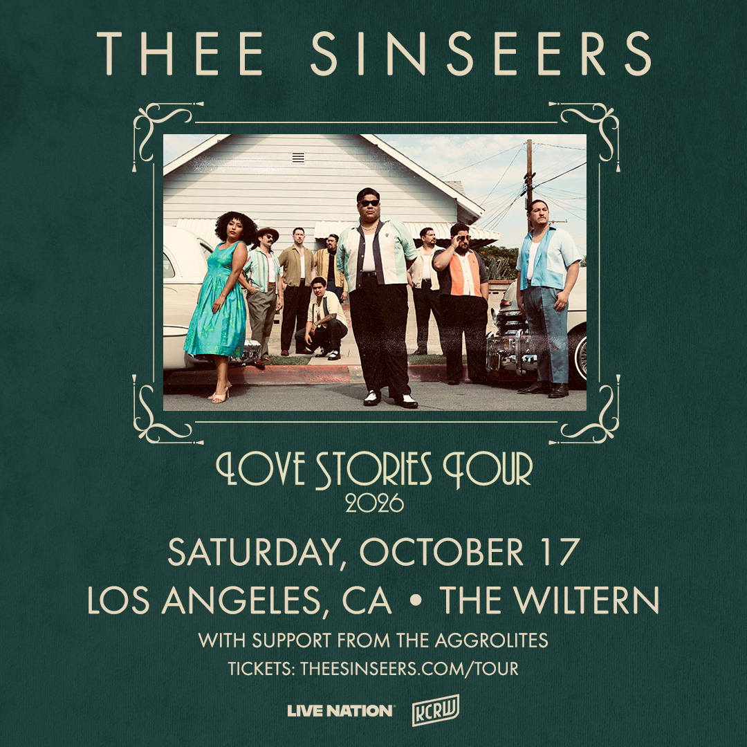 Thee Sinseers Love Stories Tour 2026 concert poster for The Wiltern, Los Angeles, featuring the band posed outdoors in retro style.