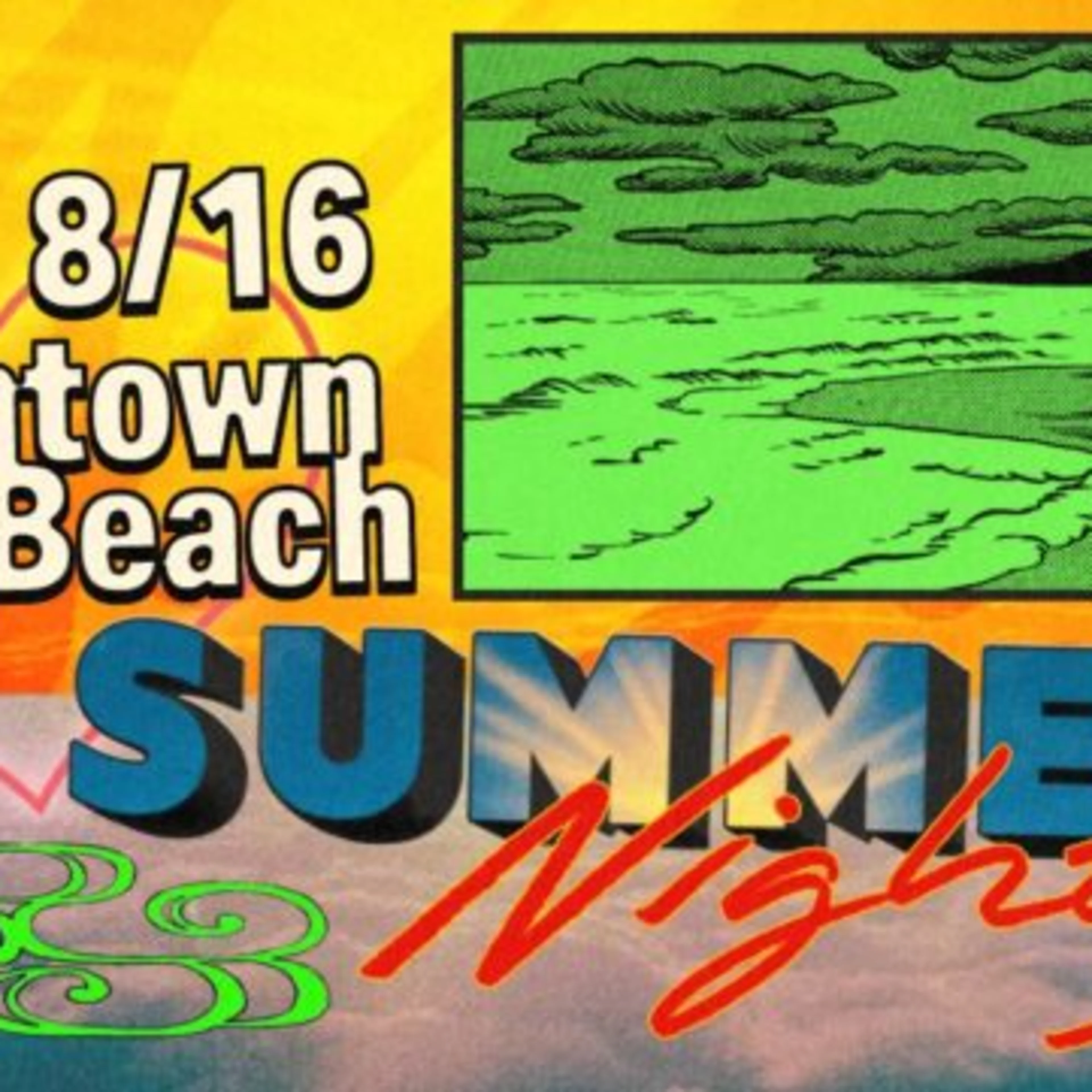 KCRW event poster for Downtown Long Beach Summer Nights on 8/16, featuring ocean imagery and vibrant colors.
