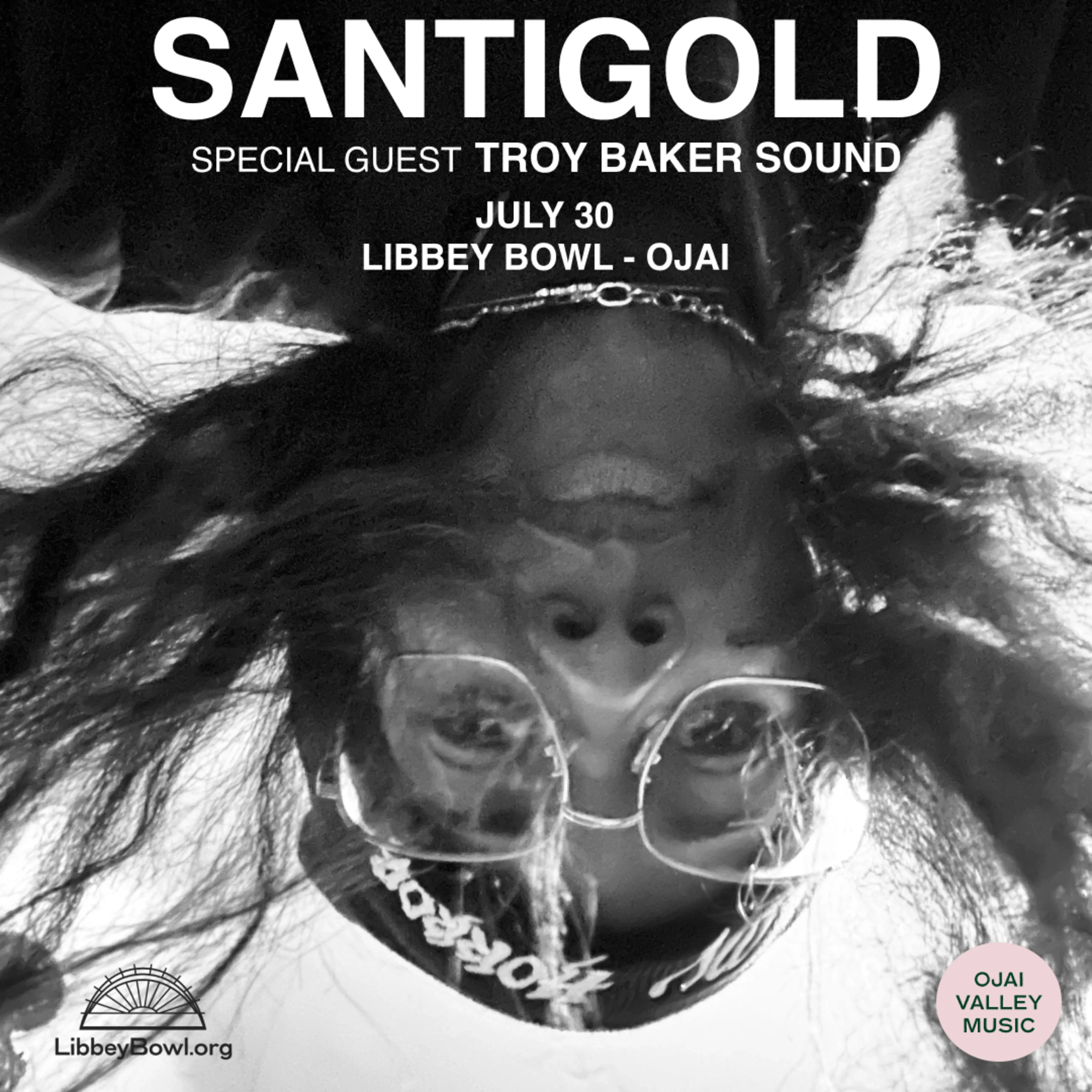 Black and white concert poster for Santigold at Libbey Bowl, Ojai on July 30, featuring an upside-down portrait of a person with glasses.