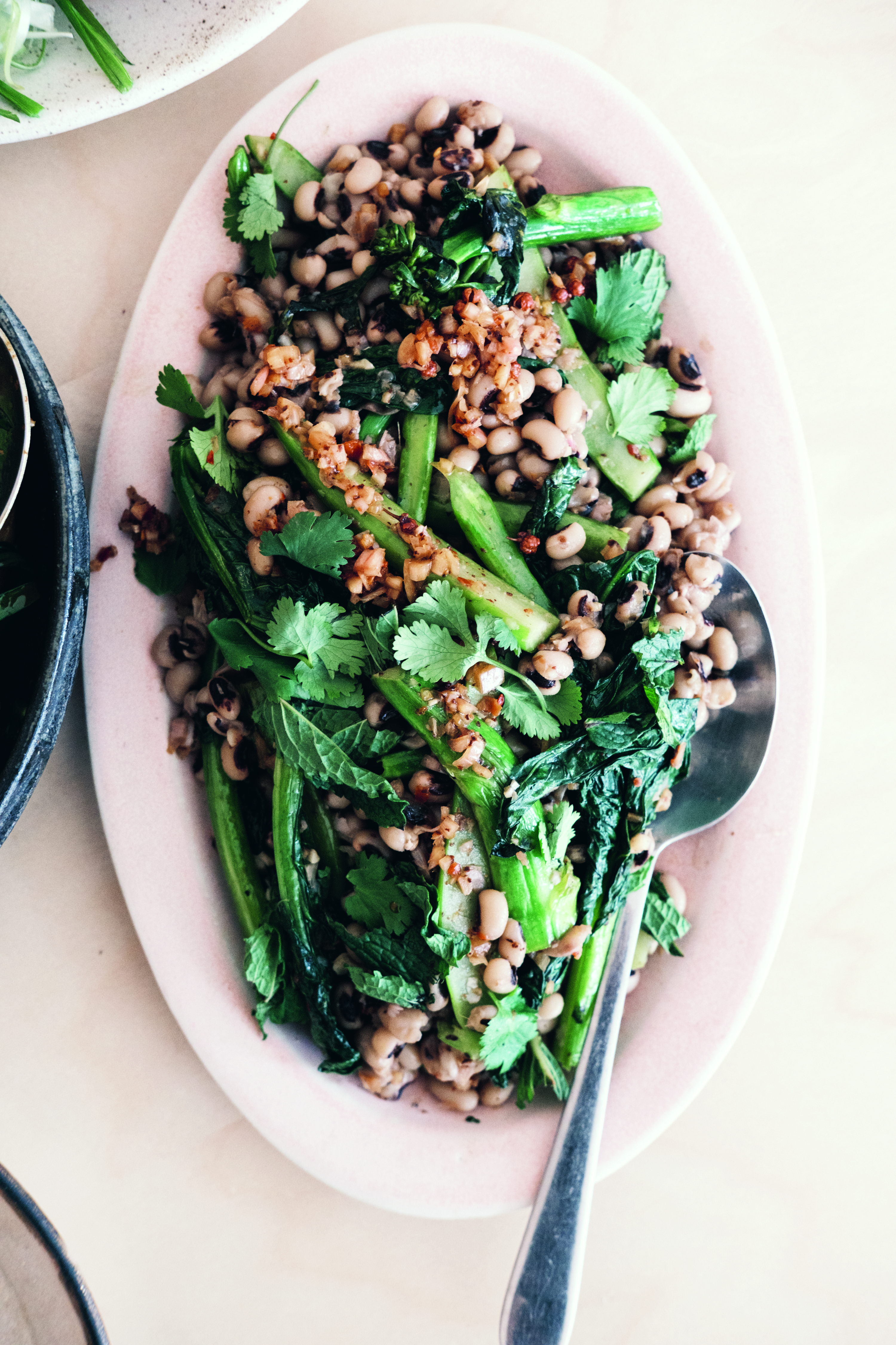 Bean salad with green vegetables and cilantro garnish served on an oval plate with serving spoon.