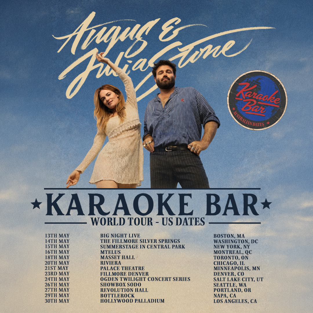 Angus & Julia Stone Karaoke Bar World Tour US Dates promotional poster with two artists posing against a blue sky.