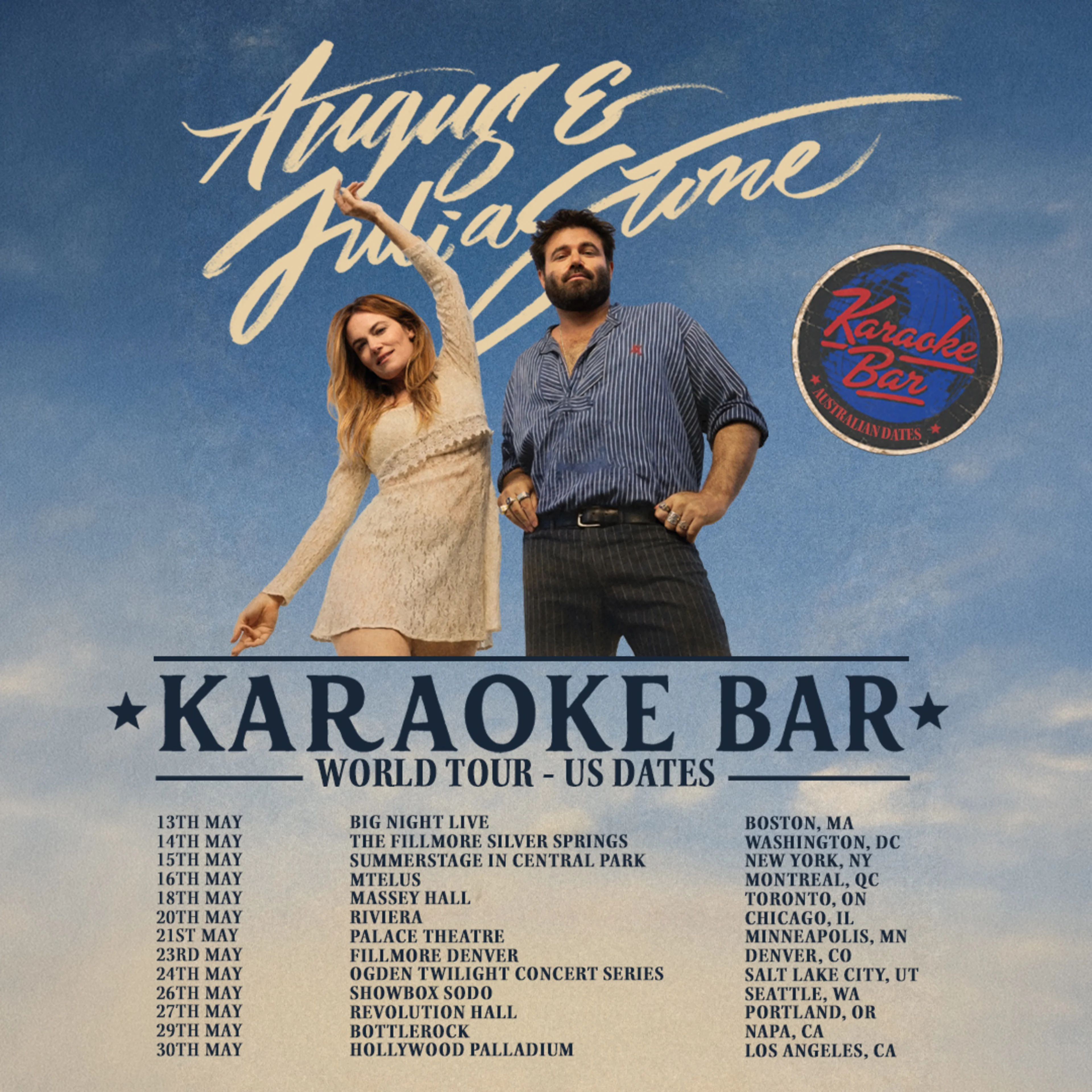 Angus & Julia Stone Karaoke Bar World Tour US Dates promotional poster with two artists posing against a blue sky.