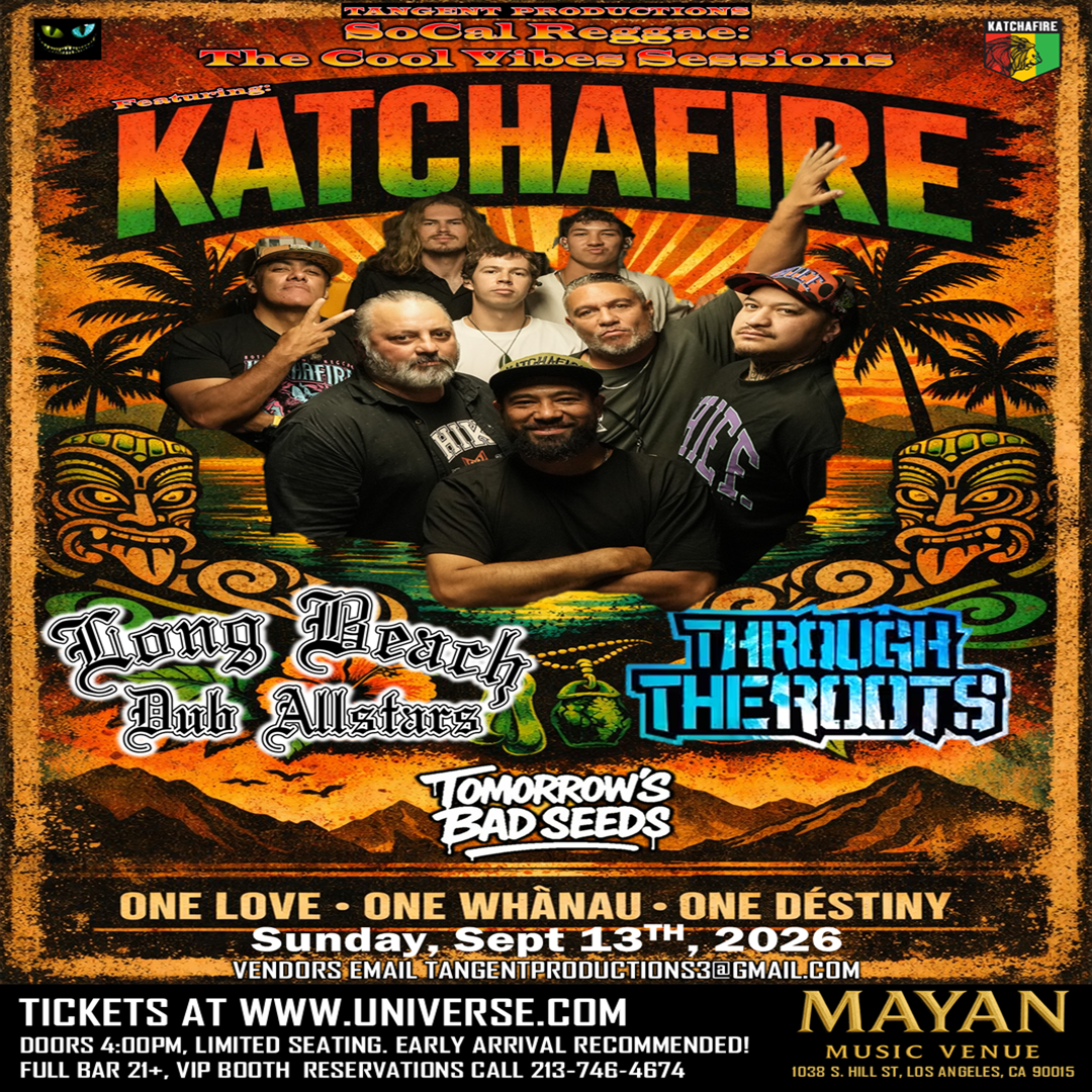 Concert poster for Katchafire reggae show on Sept 13, 2026, at Mayan Music Venue, LA, featuring band members on tropical background.