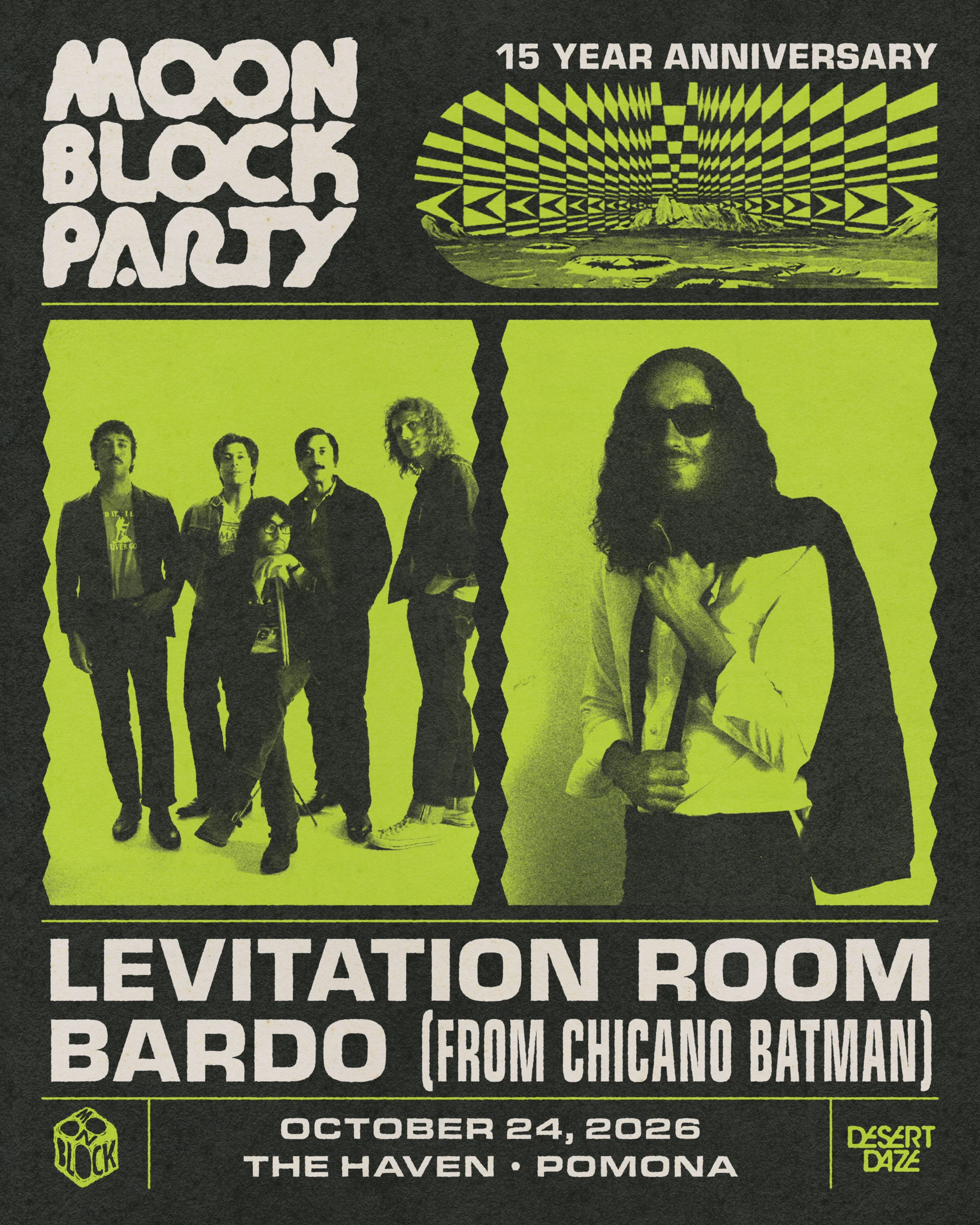 Moon Block Party 15th Anniversary concert poster featuring Levitation Room and Bardo, October 24, 2026, The Haven, Pomona.