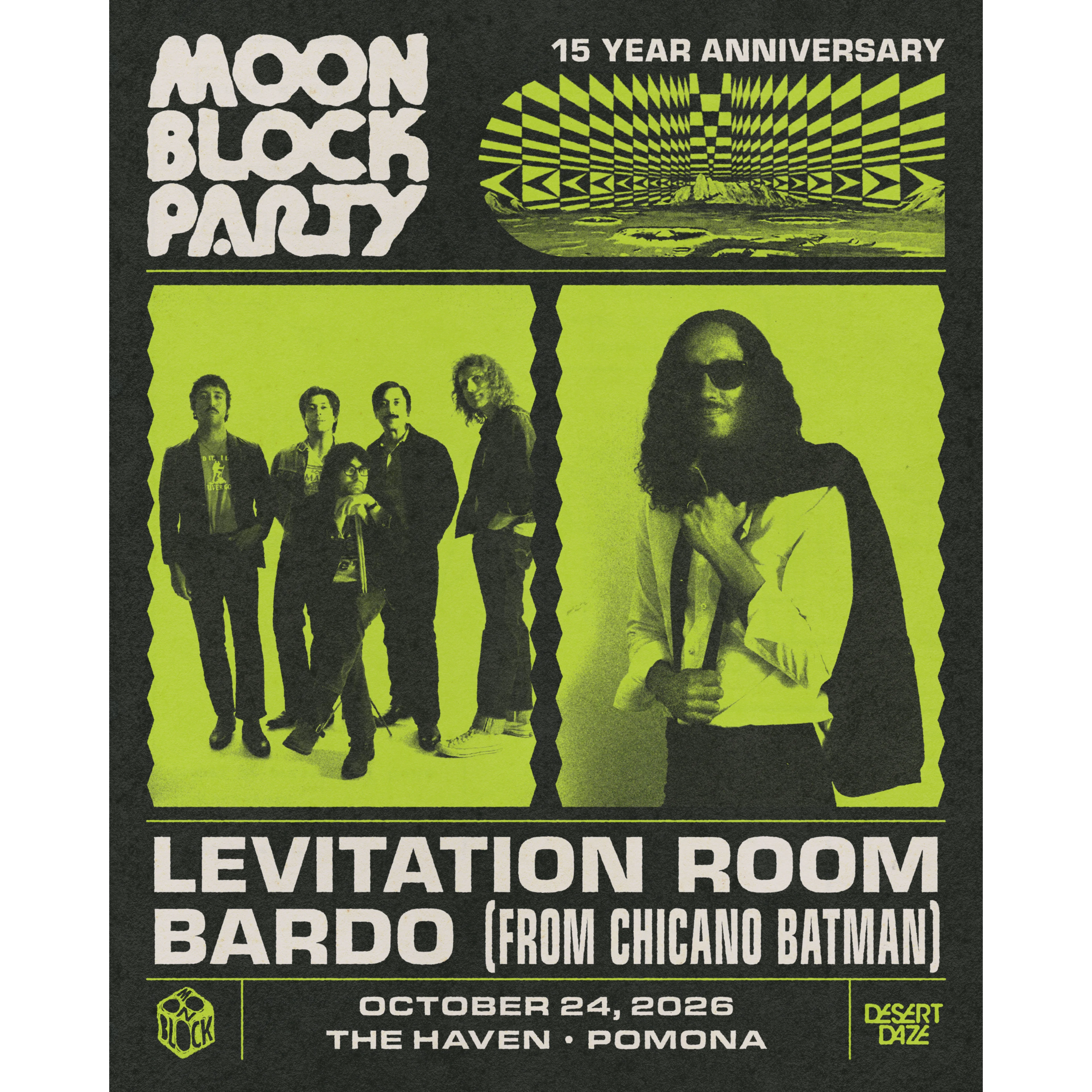 Moon Block Party 15th Anniversary concert poster featuring Levitation Room and Bardo, October 24, 2026, The Haven, Pomona.