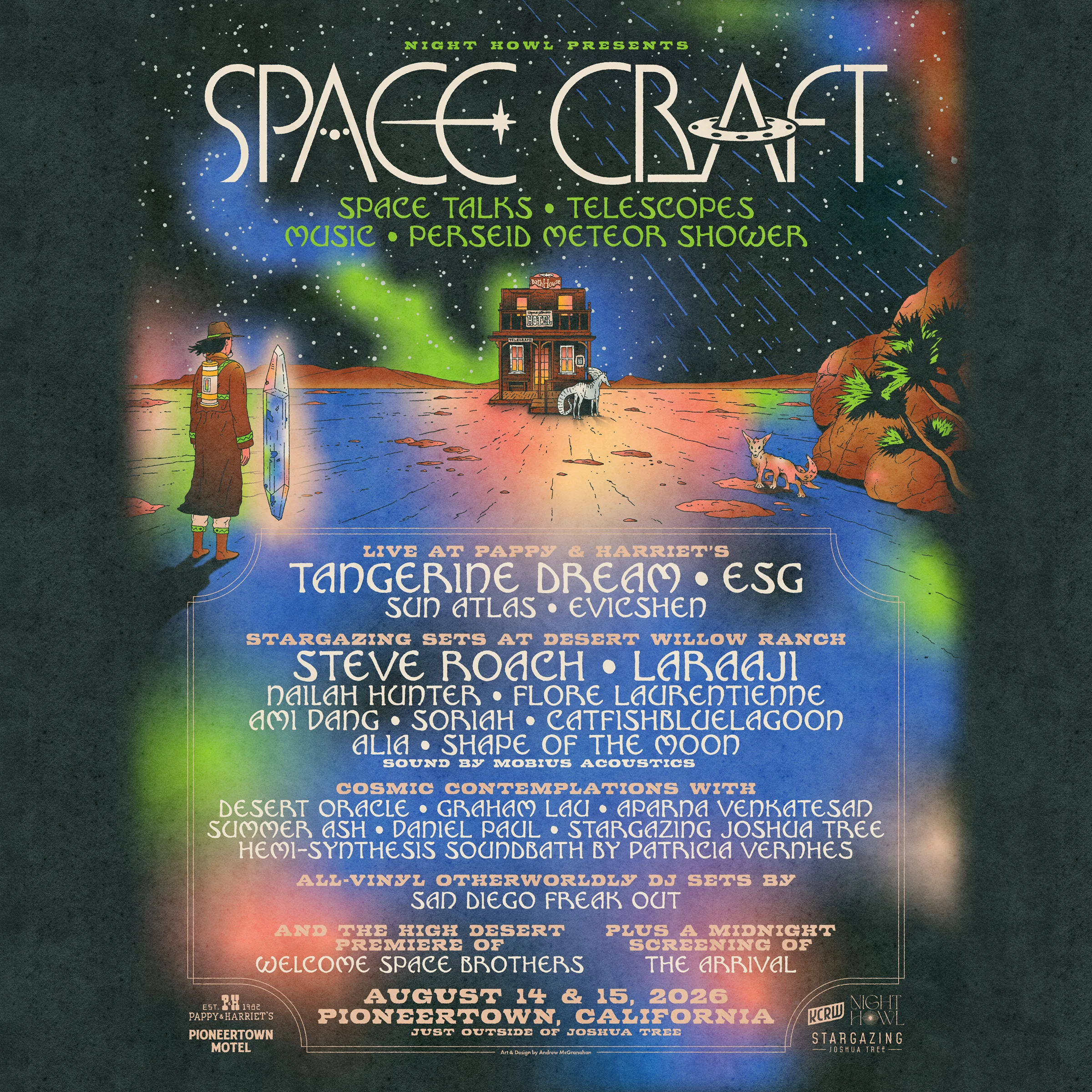 Space Craft festival poster for August 14-15, 2026 in Pioneertown, CA, featuring cosmic desert artwork and artist lineup.