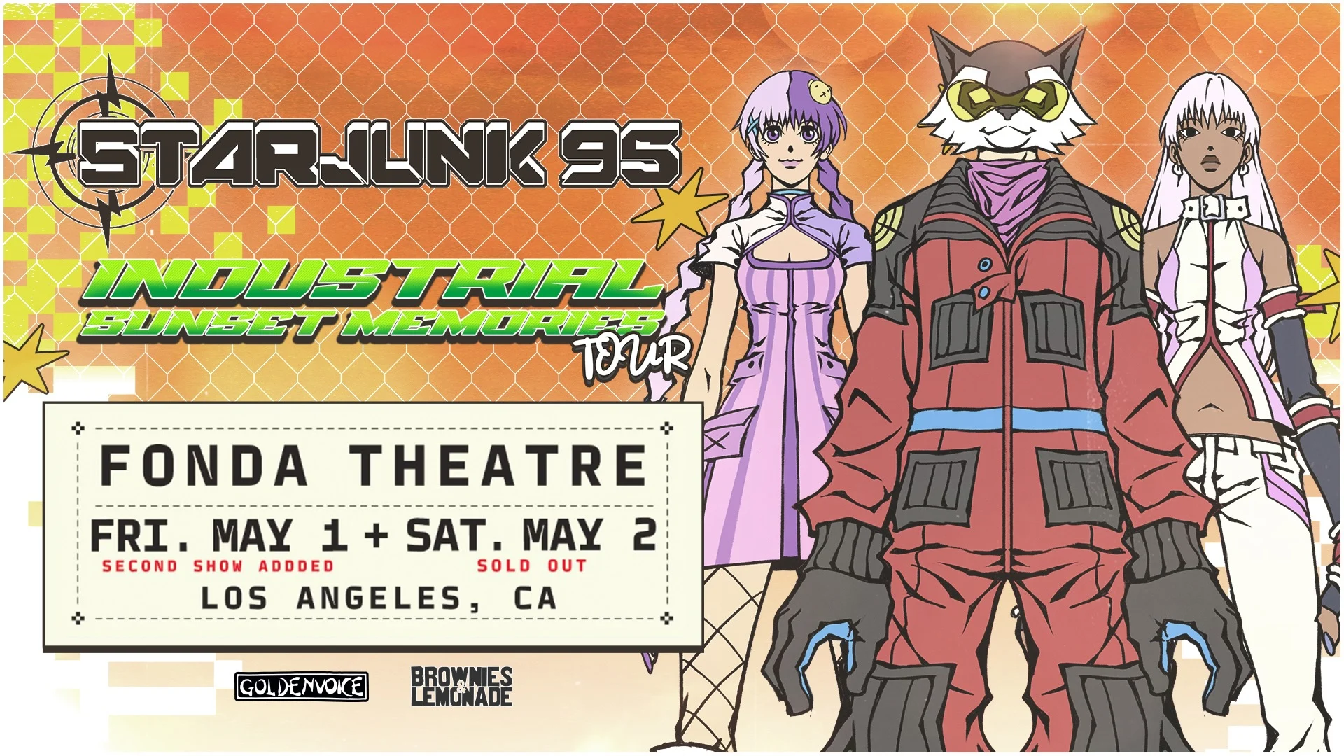 Starjunk 95 Industrial Sunset Memories Tour poster featuring anime characters and Fonda Theatre concert details for May 1-2.