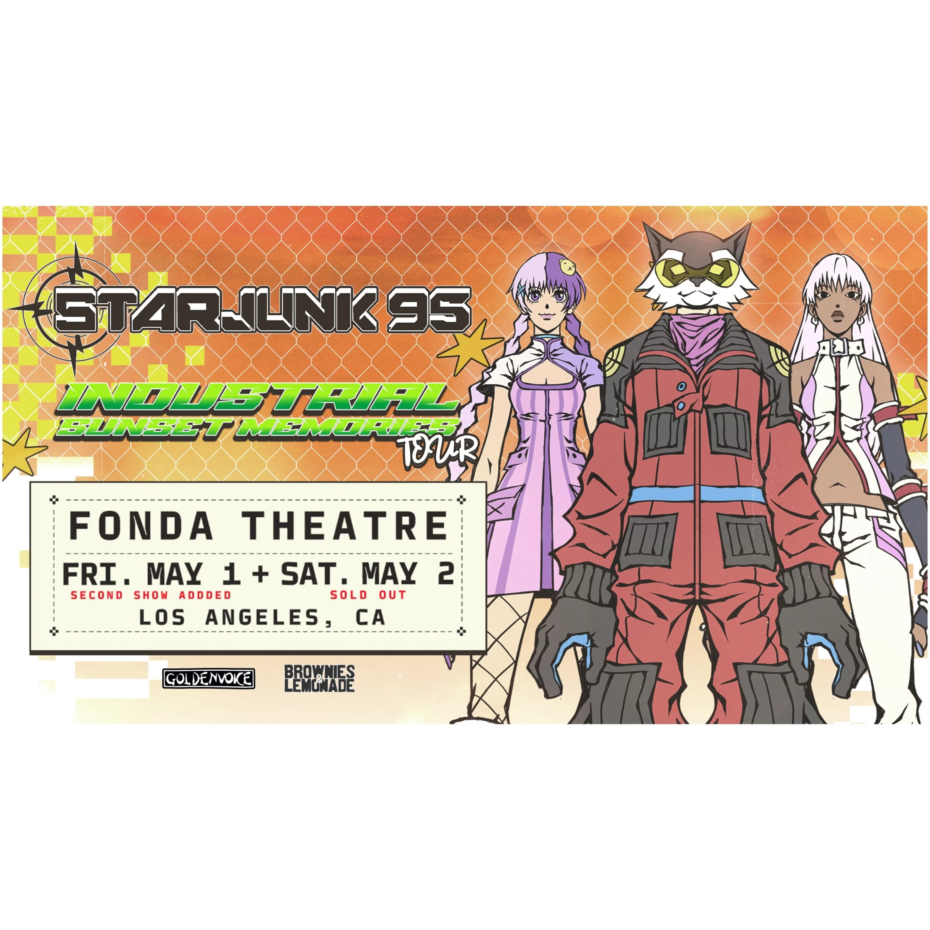 Starjunk 95 Industrial Sunset Memories Tour poster featuring anime characters and Fonda Theatre concert details for May 1-2.
