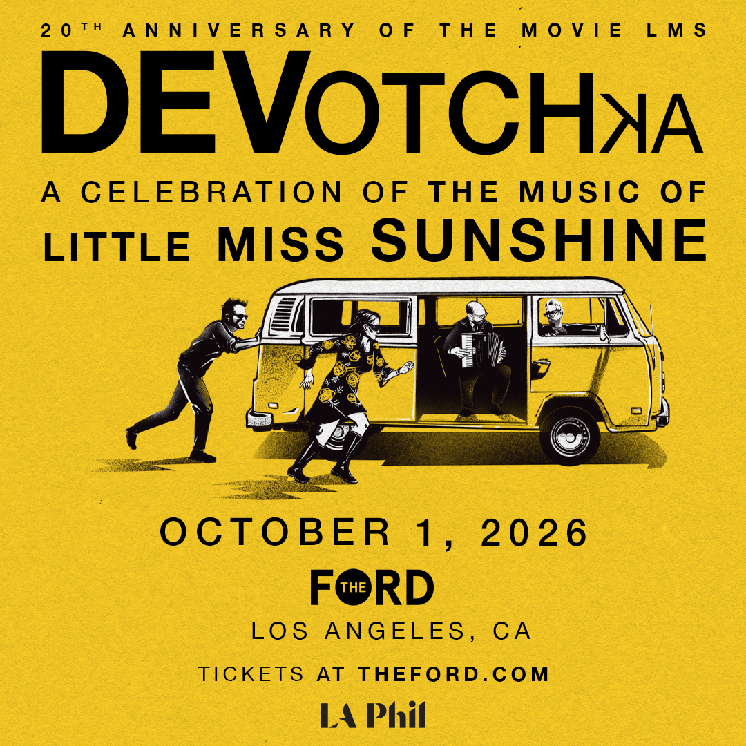 DeVotchKa concert poster for Little Miss Sunshine 20th anniversary, October 1, 2026, at The Ford, Los Angeles.