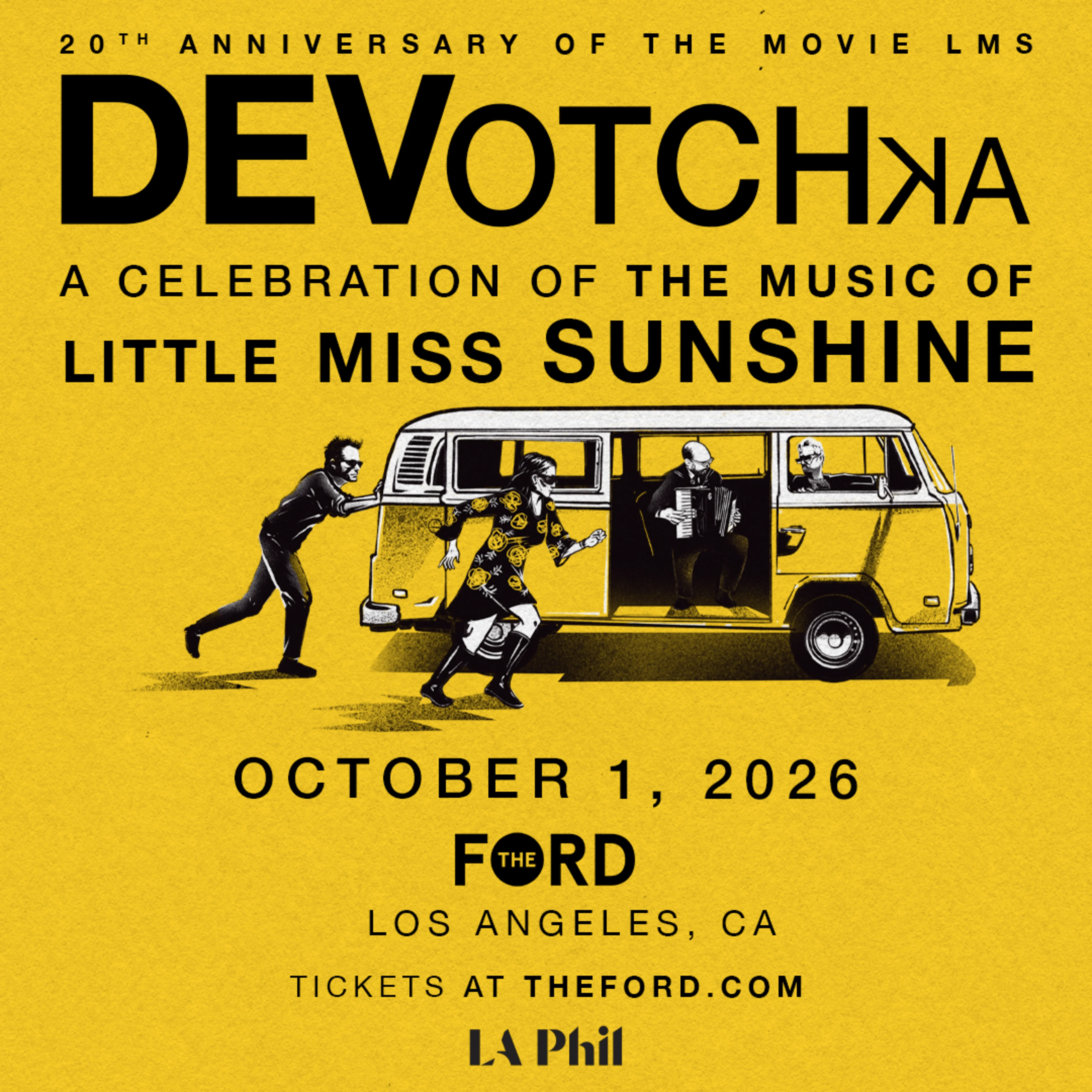 DeVotchKa concert poster for Little Miss Sunshine 20th anniversary, October 1, 2026, at The Ford, Los Angeles.