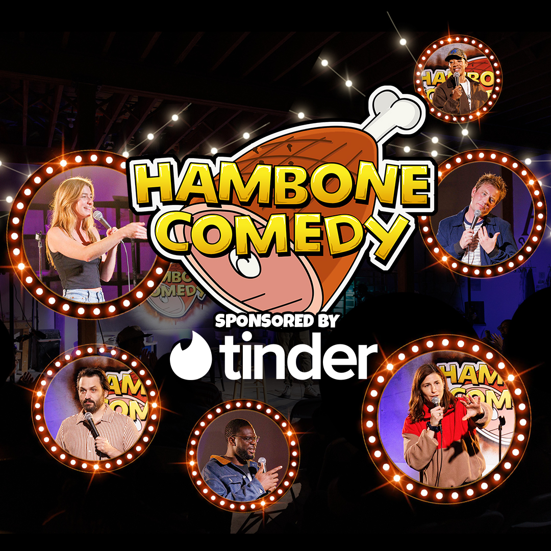 Hambone Comedy promotional graphic sponsored by Tinder, featuring six comedians performing on stage in circular marquee frames.