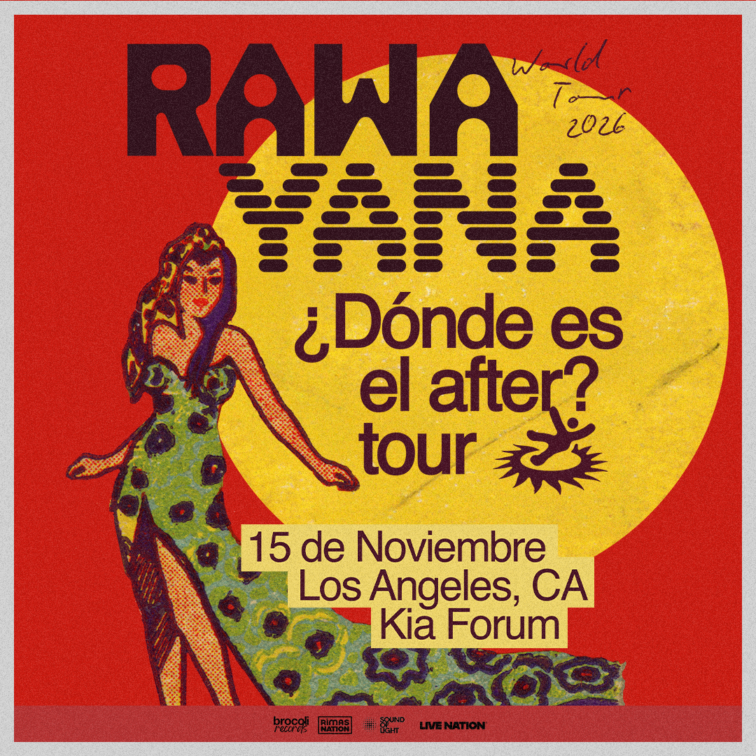 Rawayana World Tour 2026 concert poster for Kia Forum, Los Angeles, CA on November 15, red background with yellow circle.