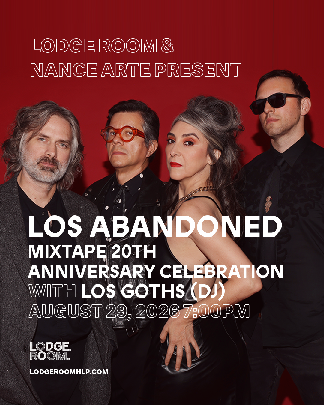 Event flyer for Los Abandoned's Mixtape 20th Anniversary show on August 29, 2026, featuring four band members on a red background.