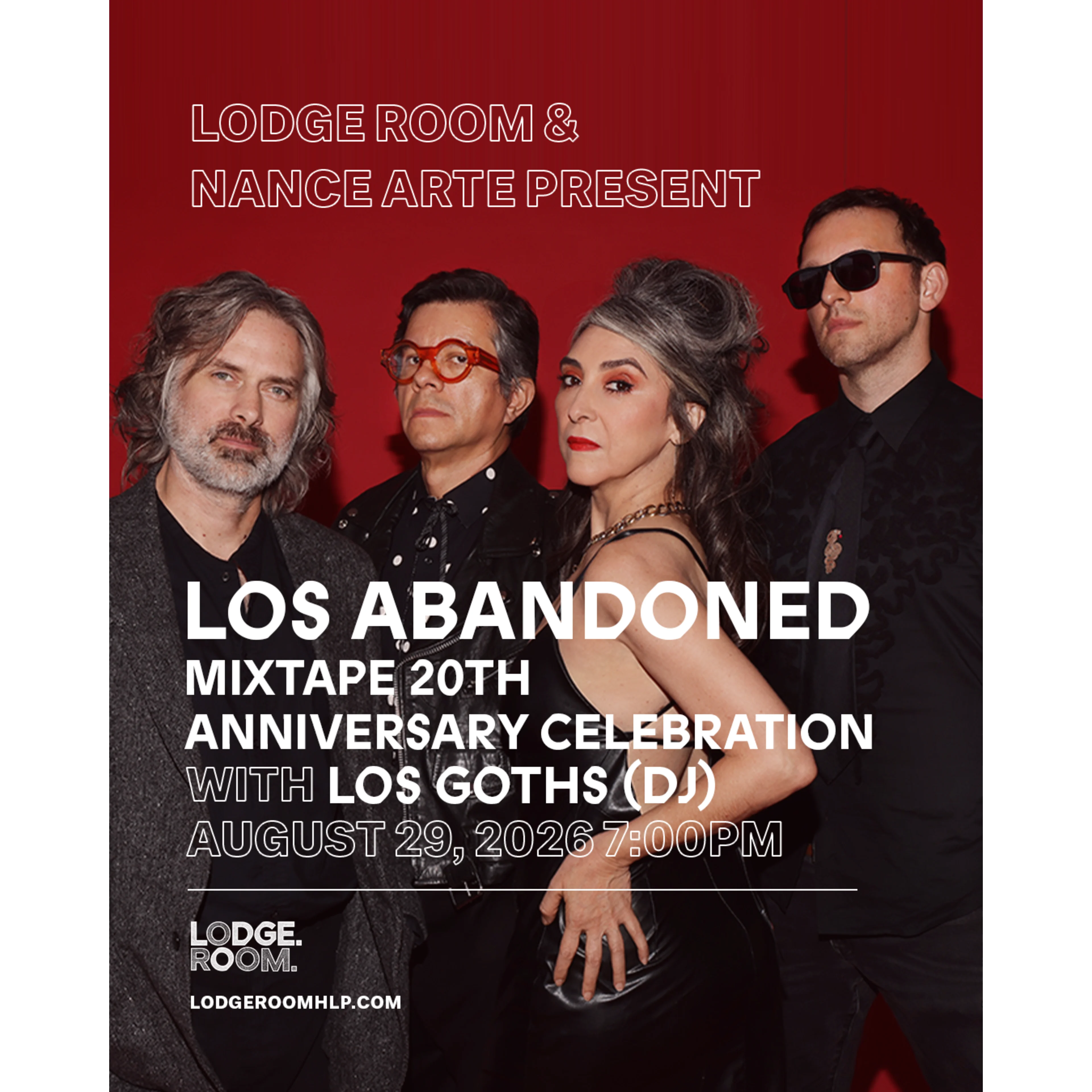 Event flyer for Los Abandoned's Mixtape 20th Anniversary show on August 29, 2026, featuring four band members on a red background.