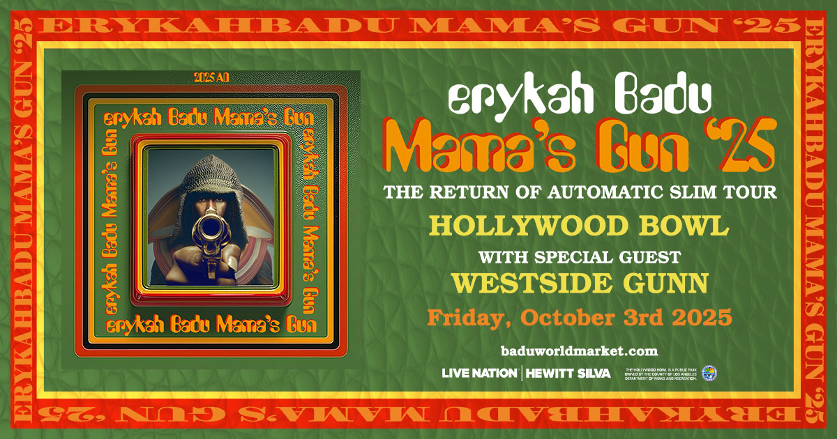 Concert poster for Erykah Badu's "Mama's Gun '25" tour at Hollywood Bowl with Westside Gunn on October 3rd, 2025.