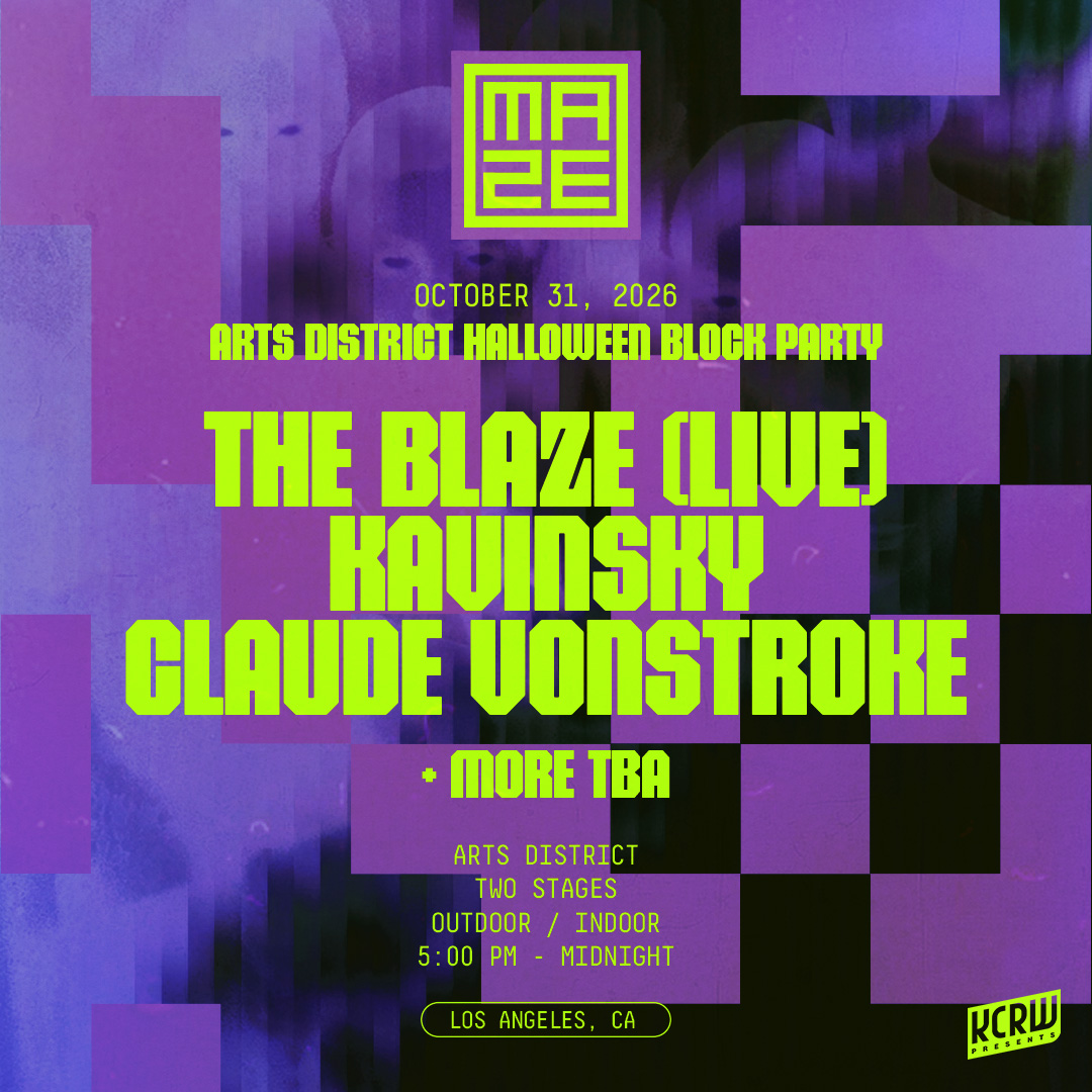 Maze Arts District Halloween Block Party flyer for Oct 31, 2026, featuring The Blaze, Kavinsky, Claude VonStroke on purple background.