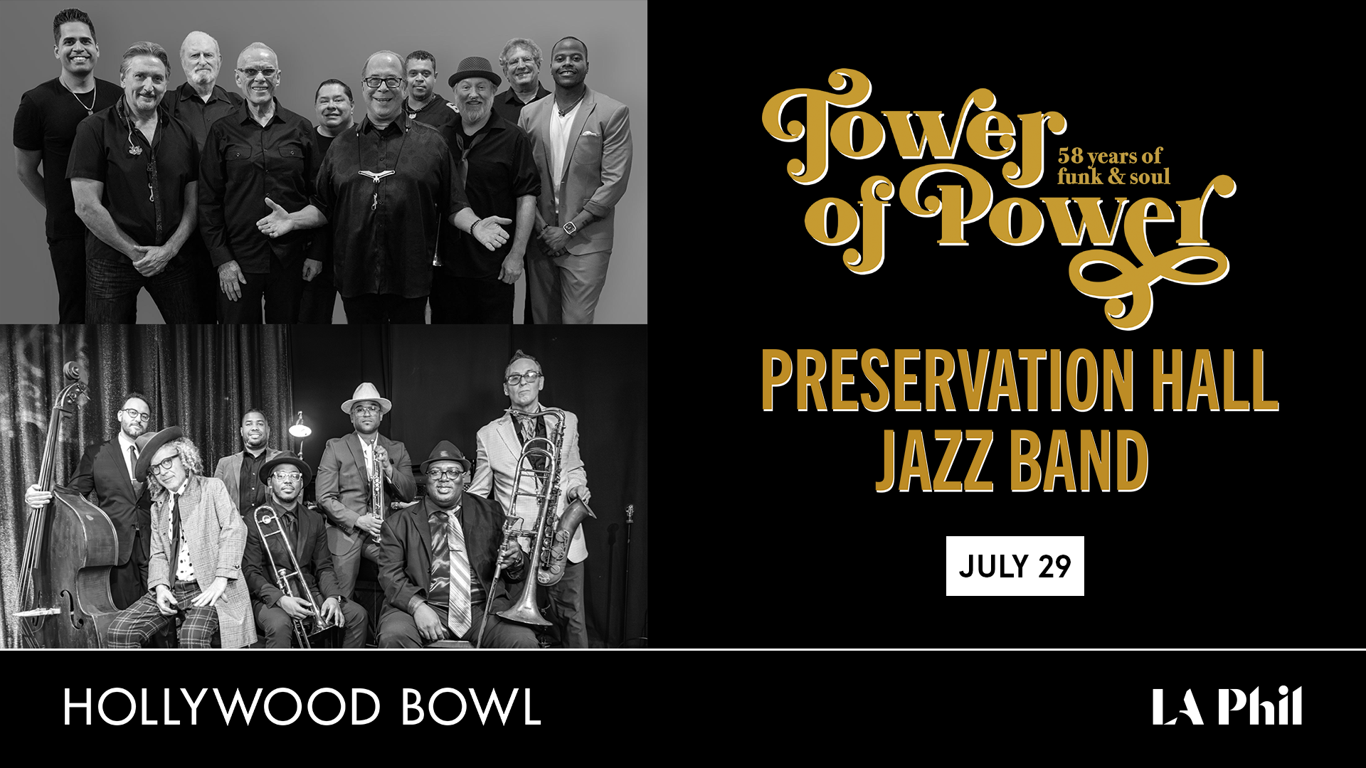 Tower of Power and Preservation Hall Jazz Band concert poster for July 29 at the Hollywood Bowl, featuring band photos.