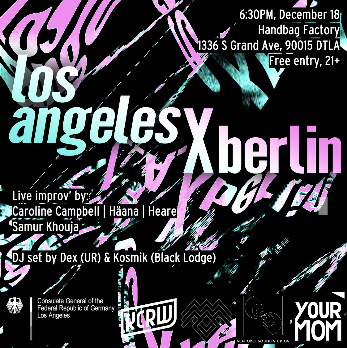 From Berlin to LA 10-Year Anniversary event poster featuring multiple artists and venues, with 2016-2026 dates on black background.
