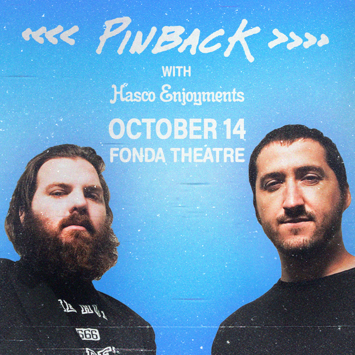 Event flyer for the Pinback show at the Fonda Theatre on October 14 with two images of the bandmembers