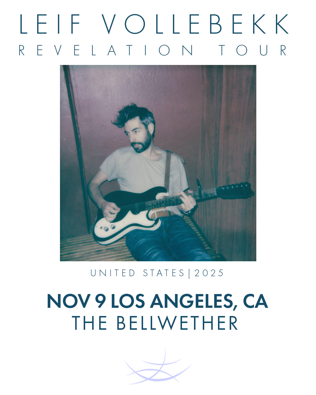 Musician playing electric guitar in vintage-style photo with text announcing Leif Vollebekk Revelation Tour, Nov 9 Los Angeles at The Bellwether